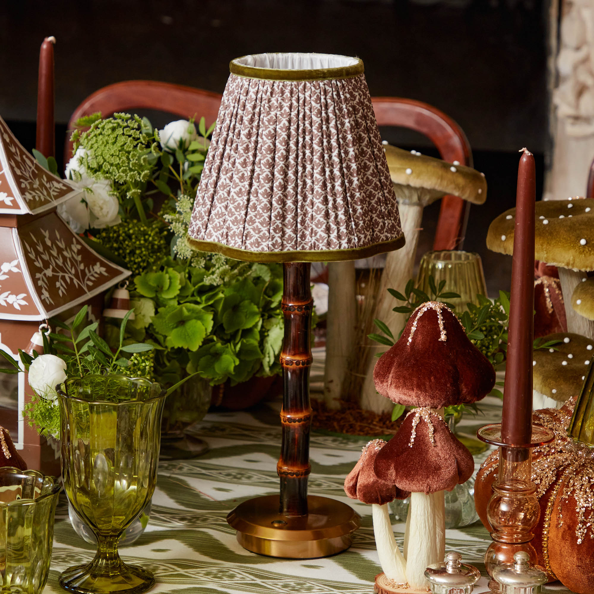 Burnt Bamboo Rechargeable Lamp with Chocolate & Olive Lotus Shade (18cm)