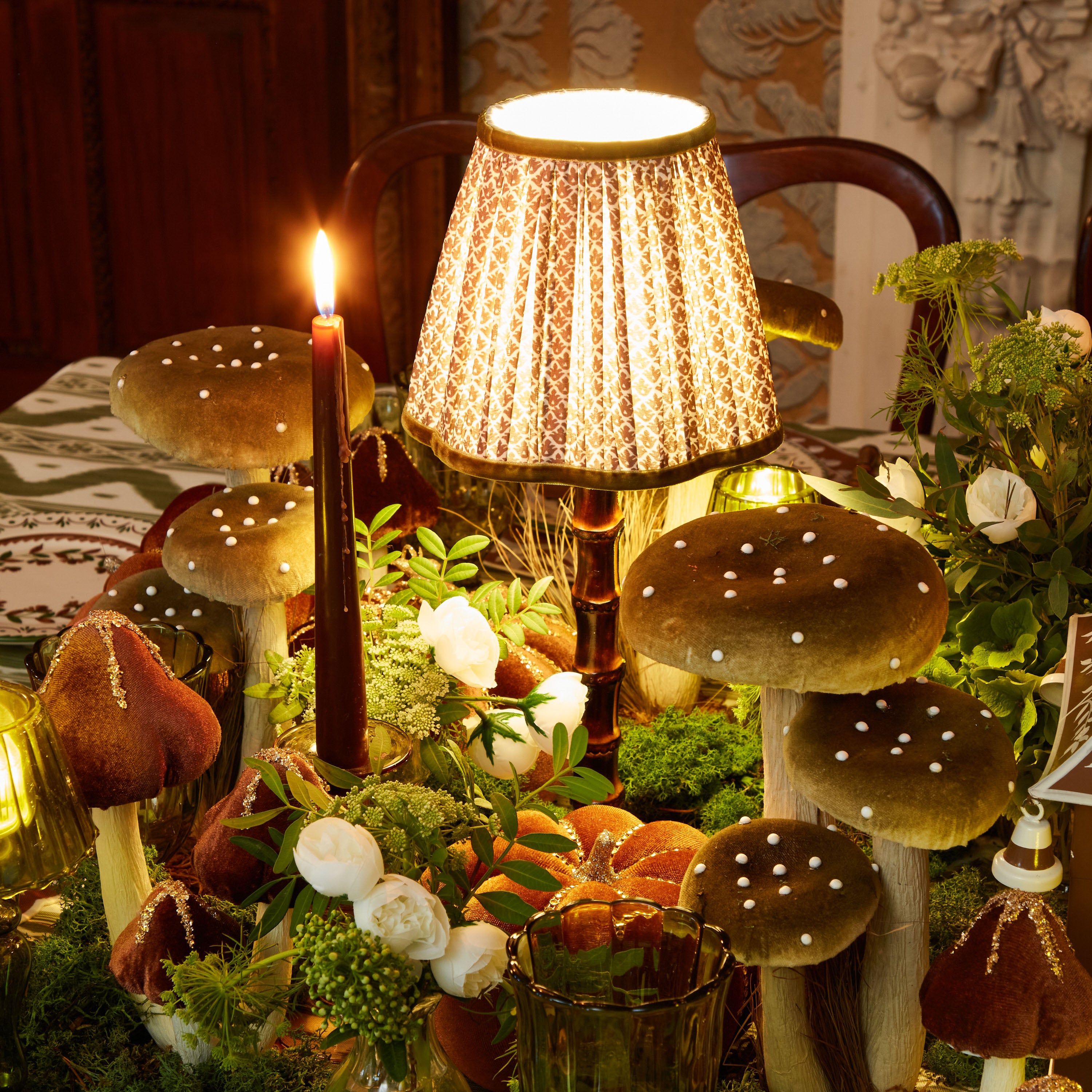 Burnt Bamboo Rechargeable Lamp with Chocolate & Olive Lotus Shade (18cm)