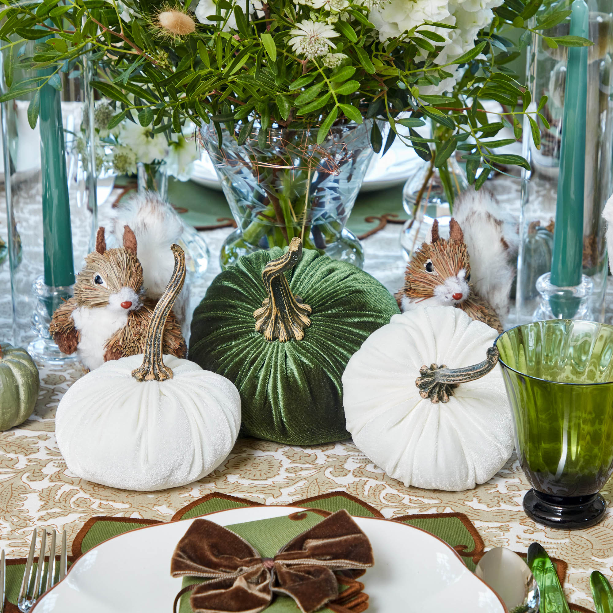Moss Green & White Velvet Pumpkin Family