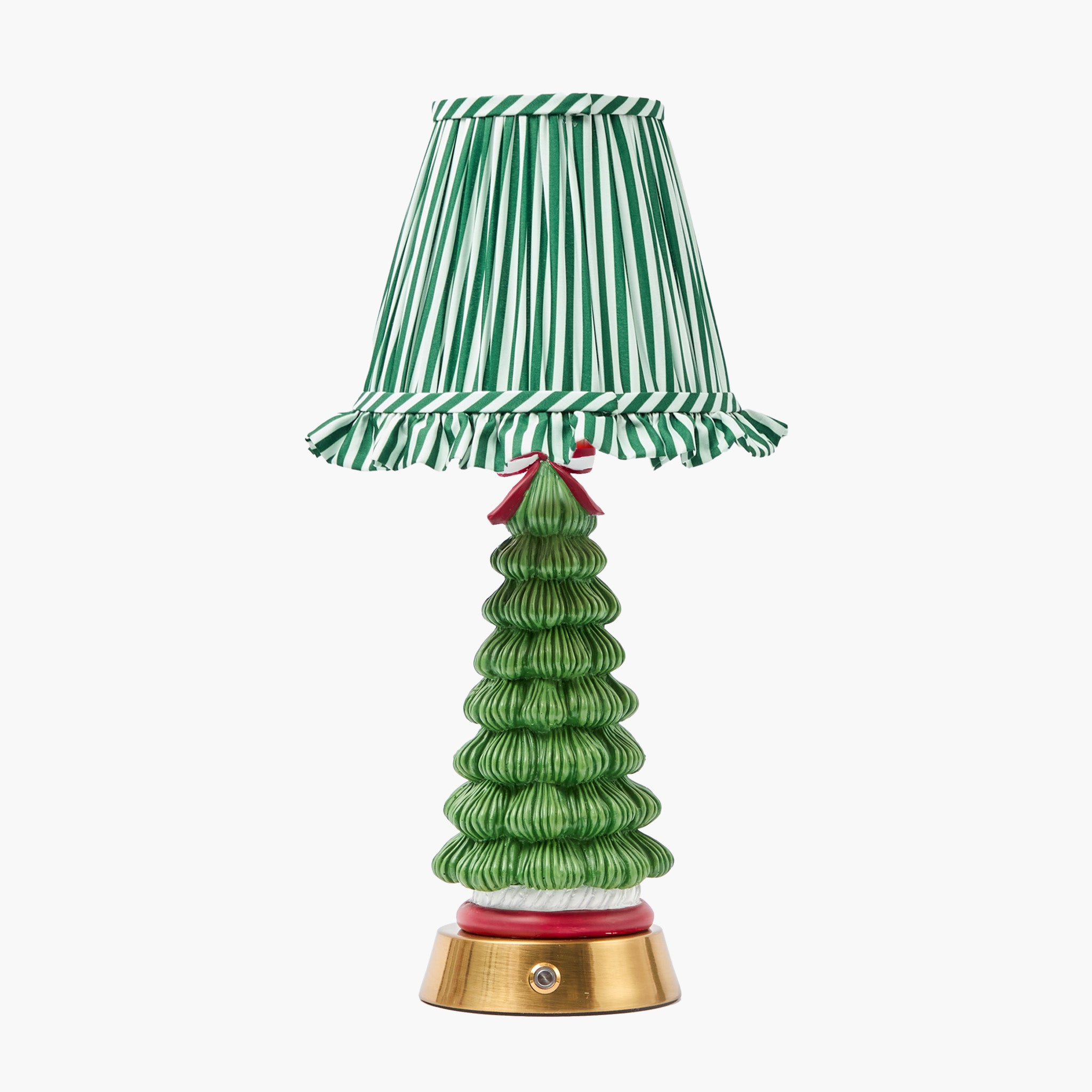 Jolly Christmas Tree Rechargeable Lamp with Forest Green Striped Ruffle Lampshade (18cm)