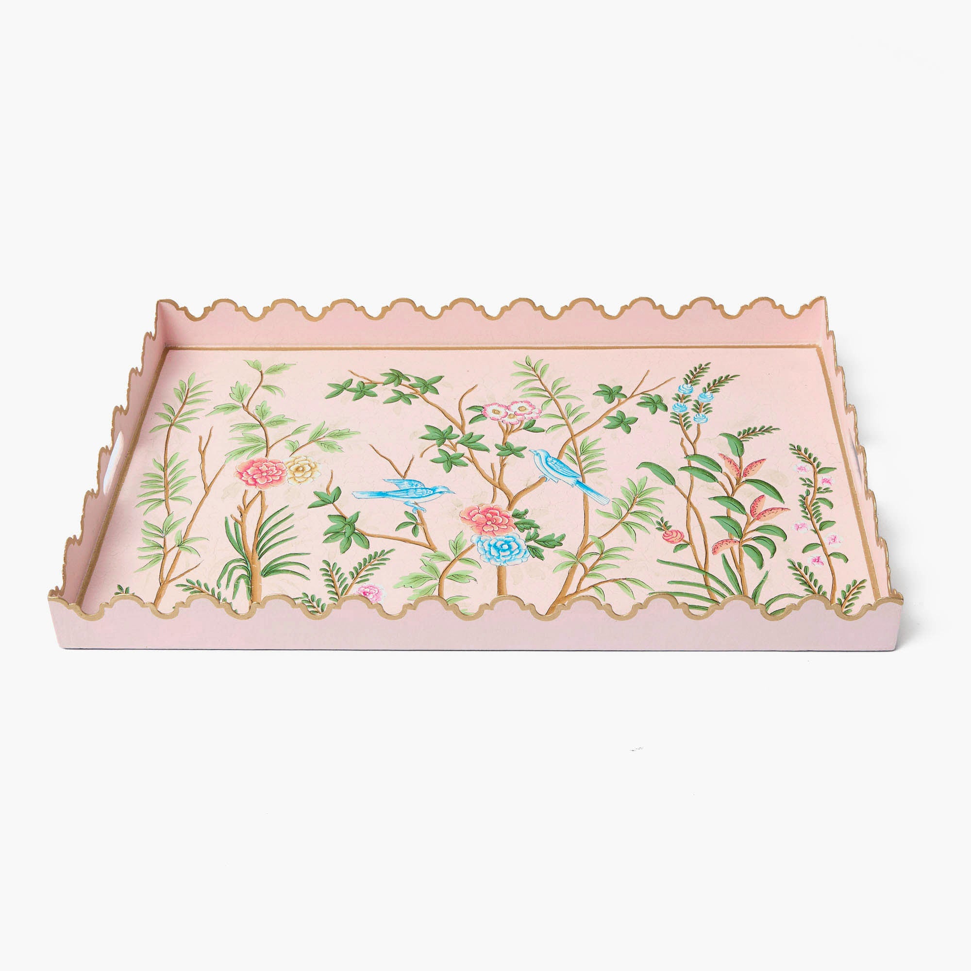 Decorative tray with floral and bird pattern on a white background