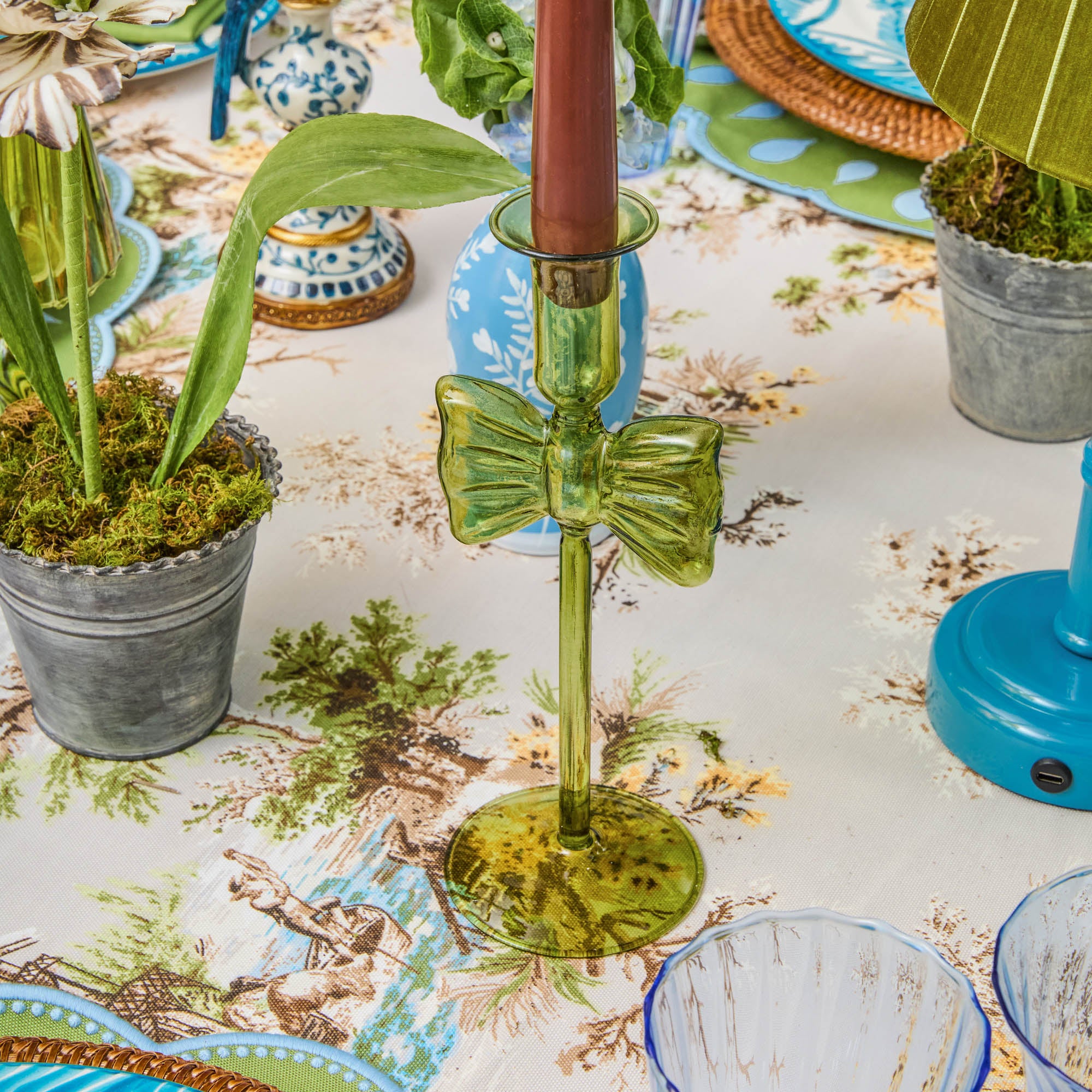 Celine Green Glass Bow Candle Holder (Pair)