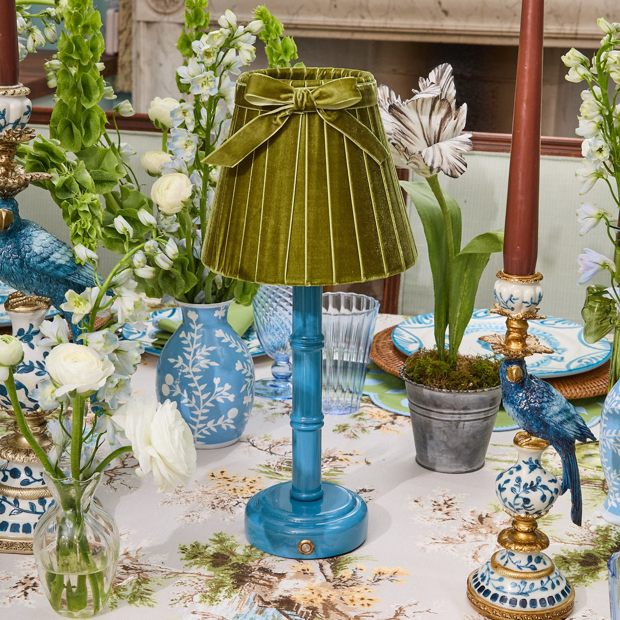 Blue Leonora Lacquer Rechargeable Lamp with Olive Velvet Bow Shade (18cm)