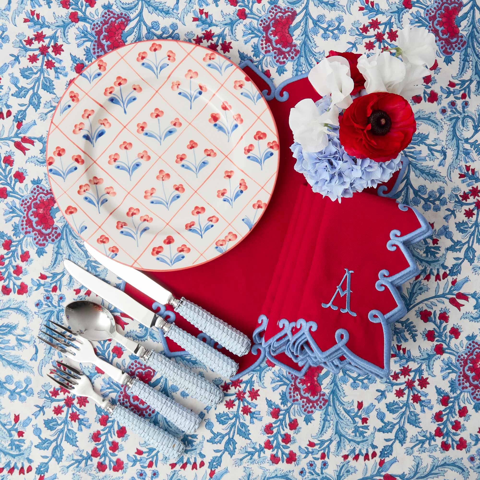 Blue & Red Floral Trellis Dinner Plate