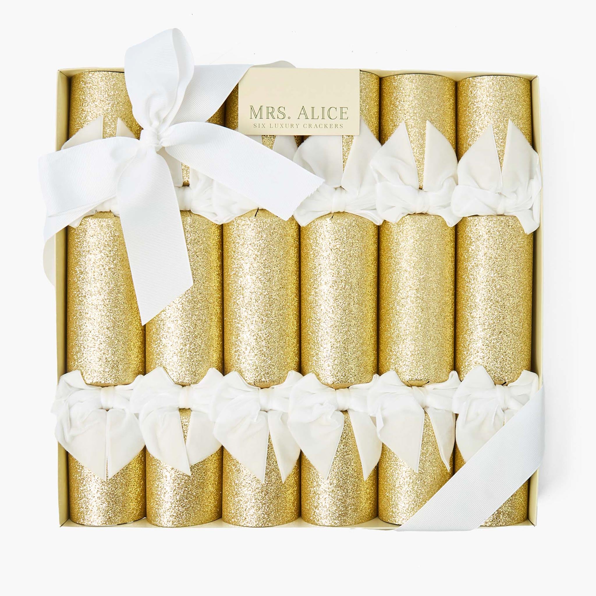 Gold Glitter Crackers with White Velvet Bows (Set of 6)
