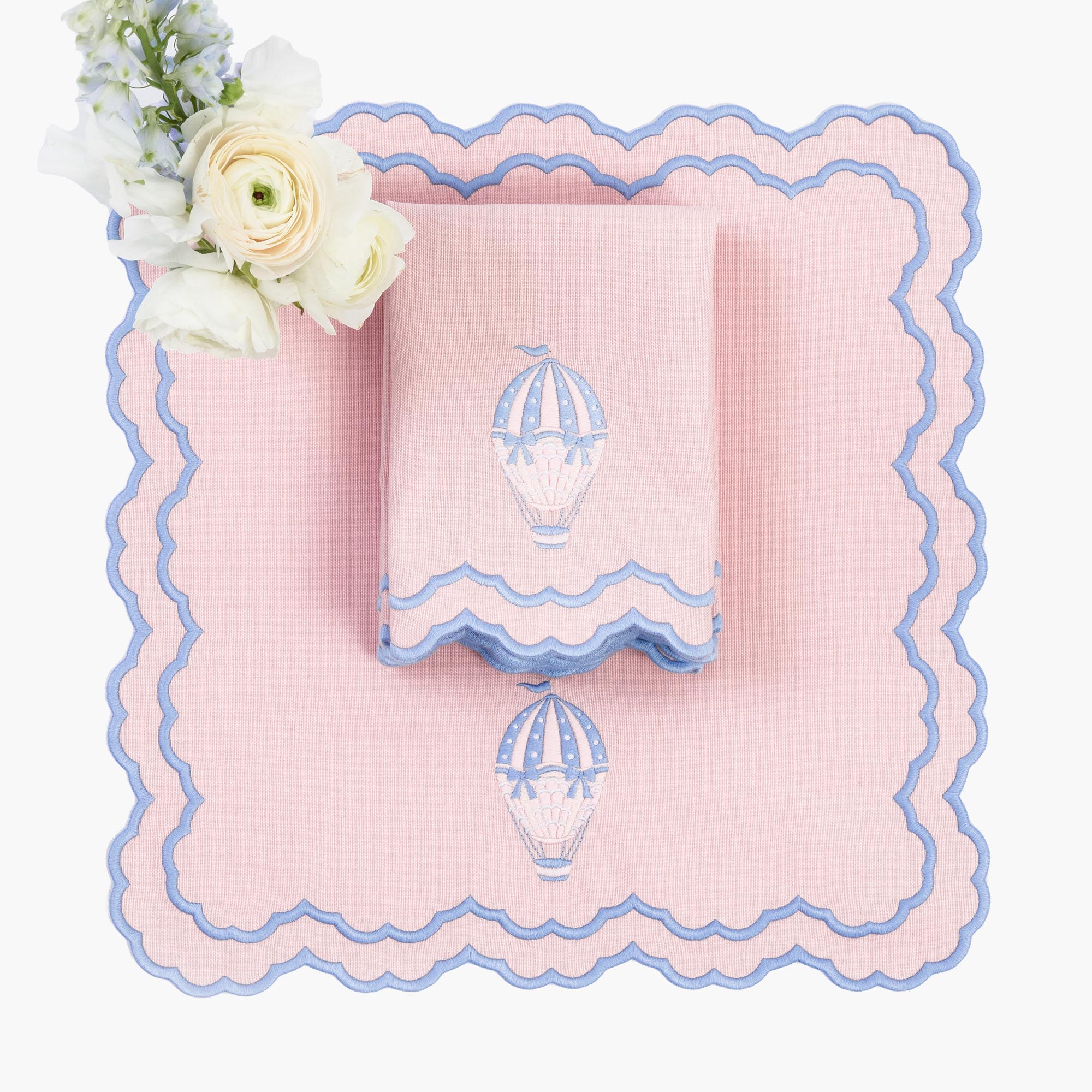 Sarah Pink & Blue Hot Air Balloon Embroidered Napkins (Set of 4)