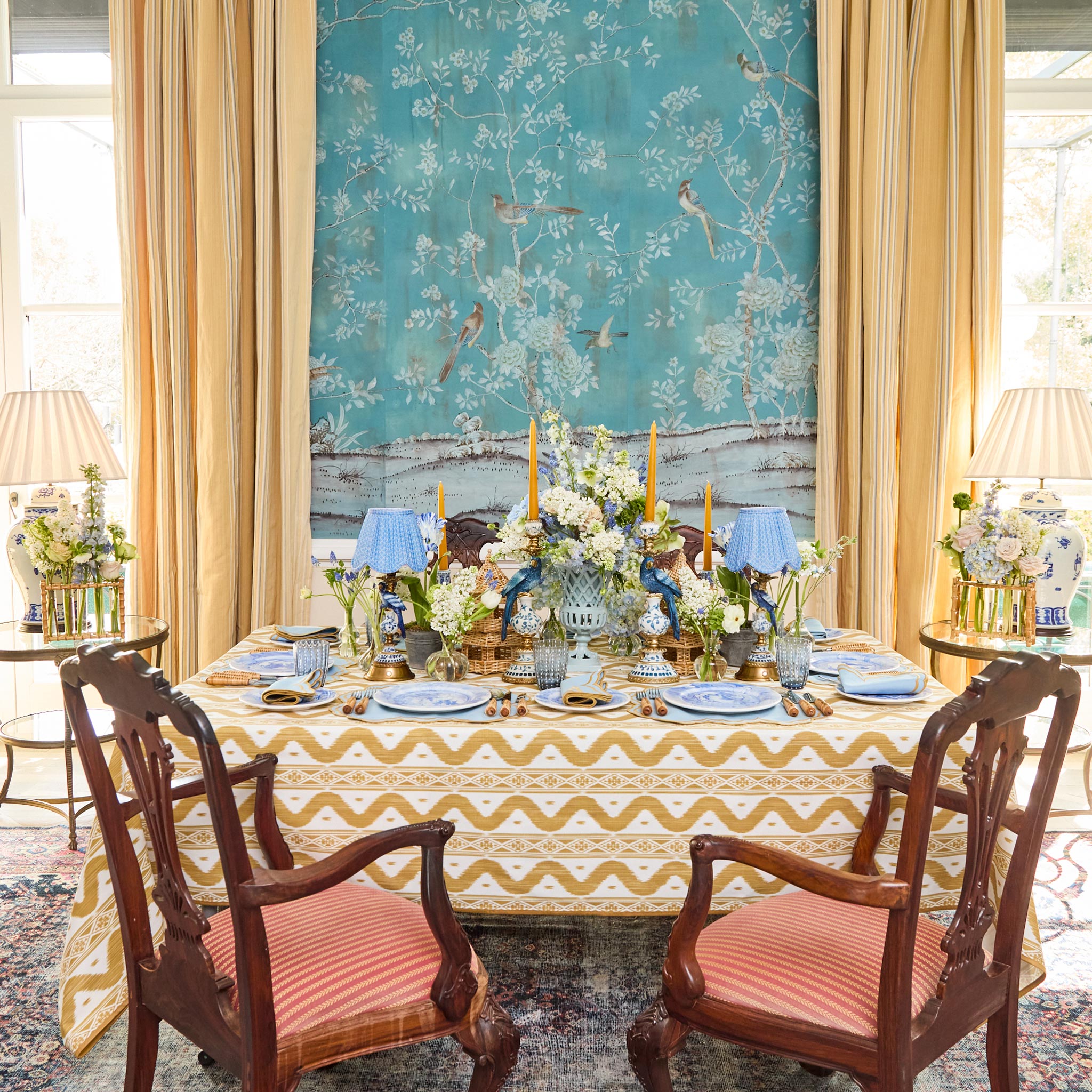 Blue Parrot Rechargeable Lamp with Blue Lotus Deep Scallop Shade (18cm)