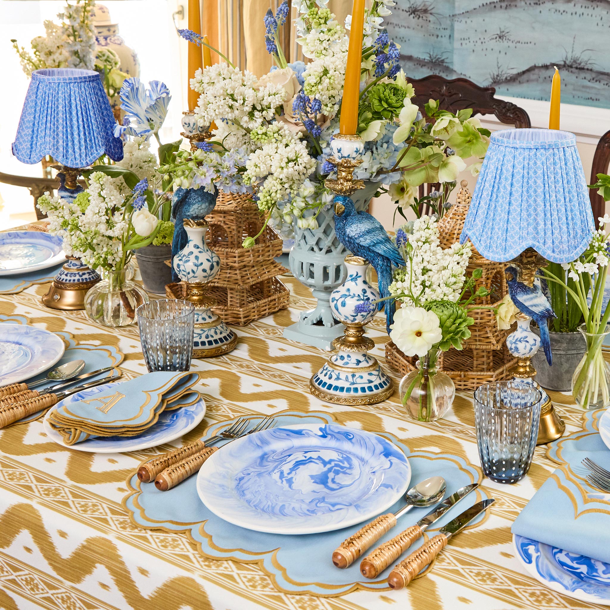 Blue Parrot Rechargeable Lamp with Blue Lotus Deep Scallop Shade (18cm)