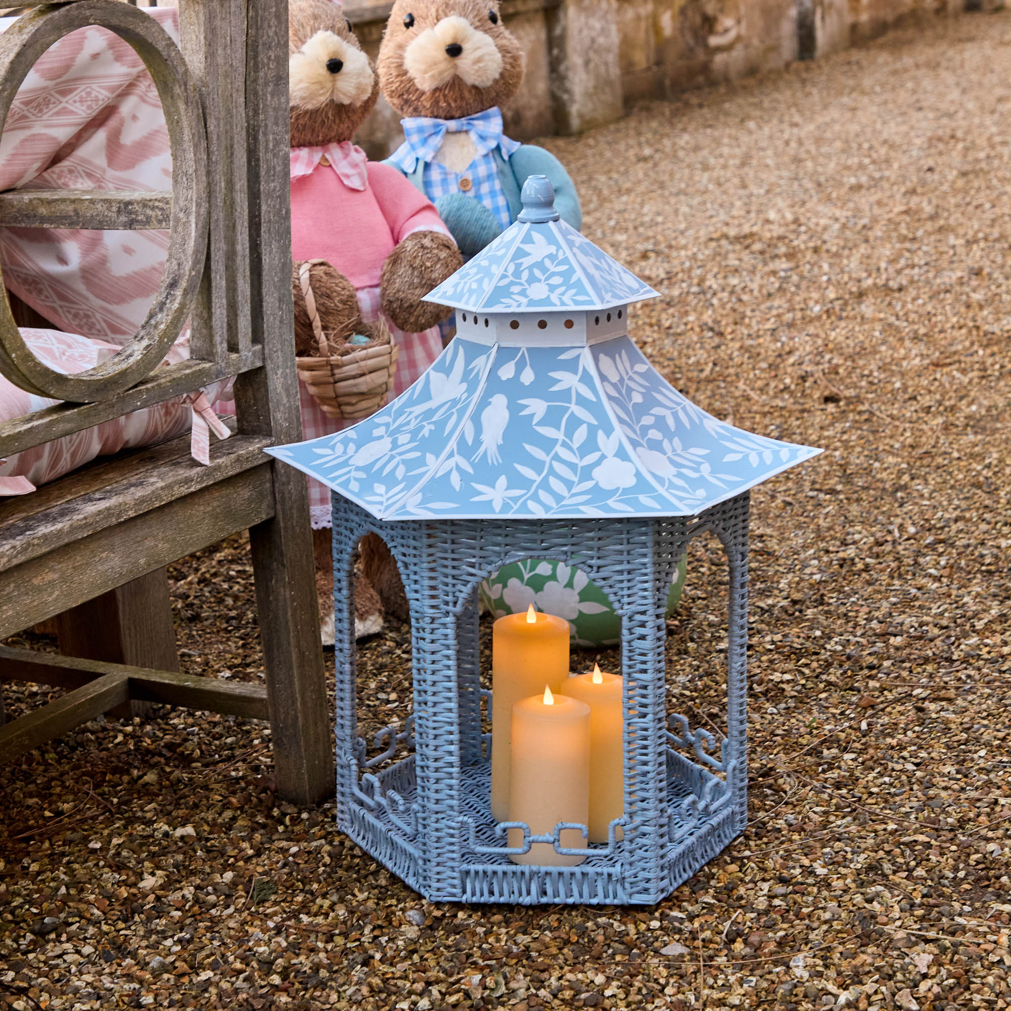 Large Blue Rattan Chinoiserie Pagoda Lantern