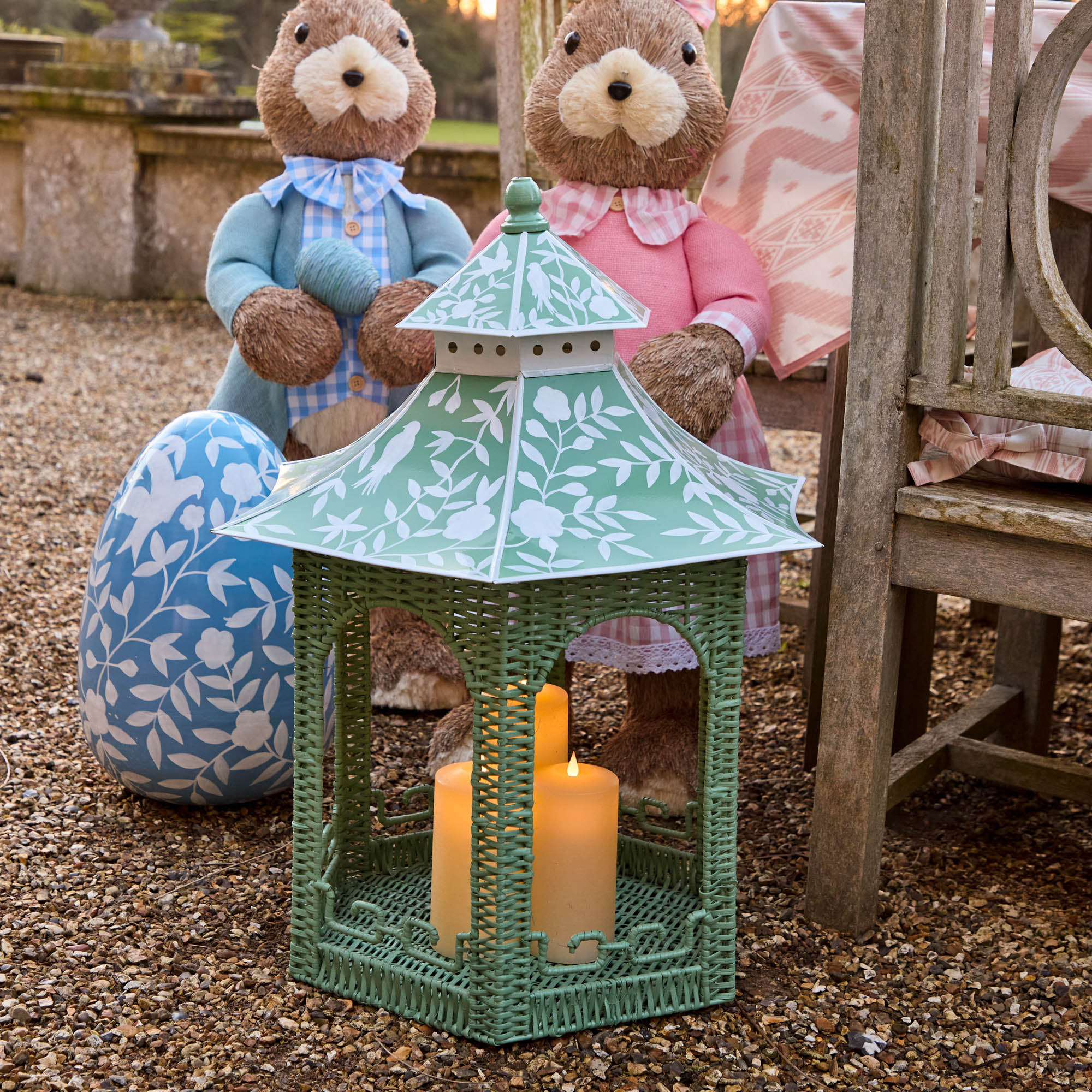 Large Green Rattan Chinoiserie Pagoda Lantern