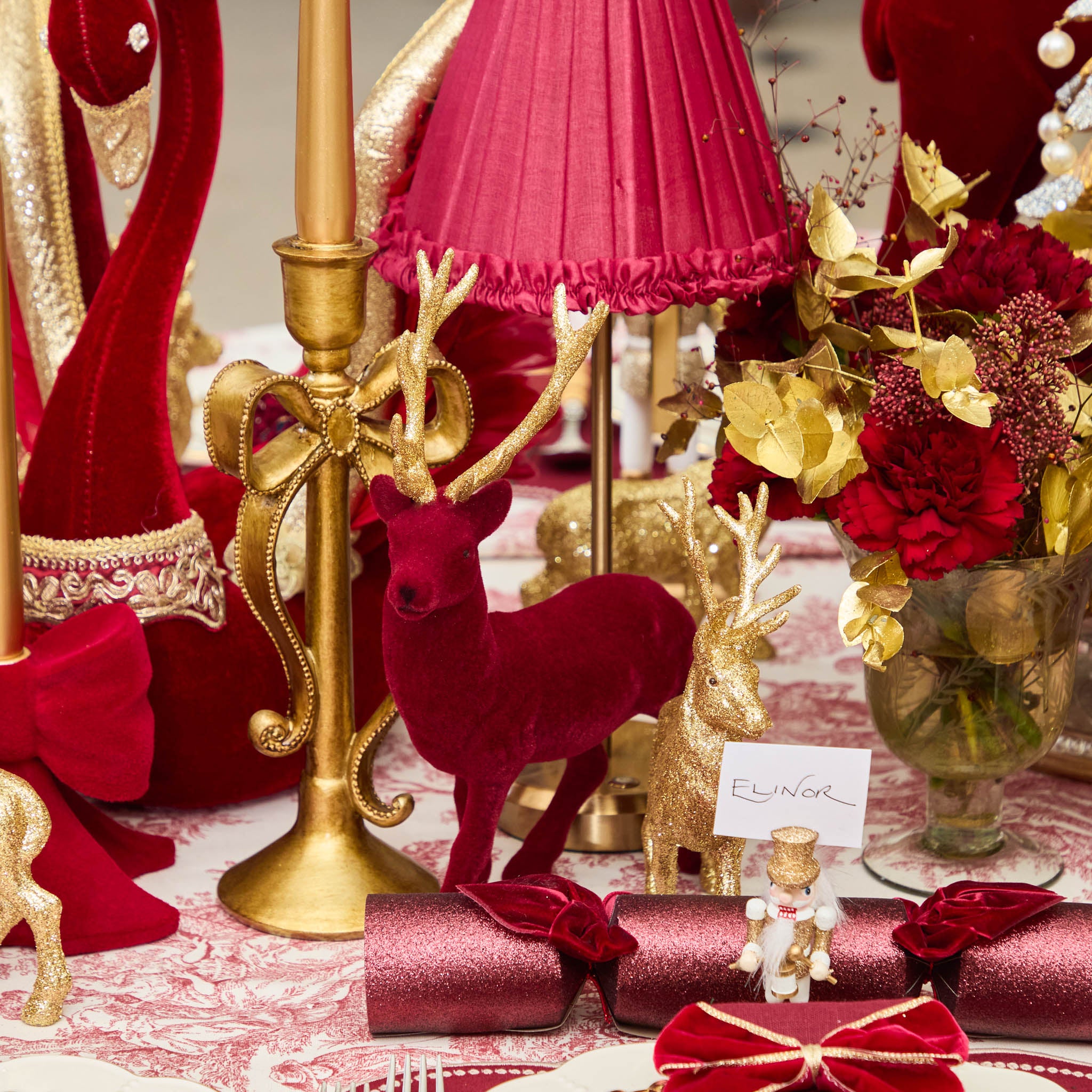 Flocked Burgundy Reindeers (Set of 4)