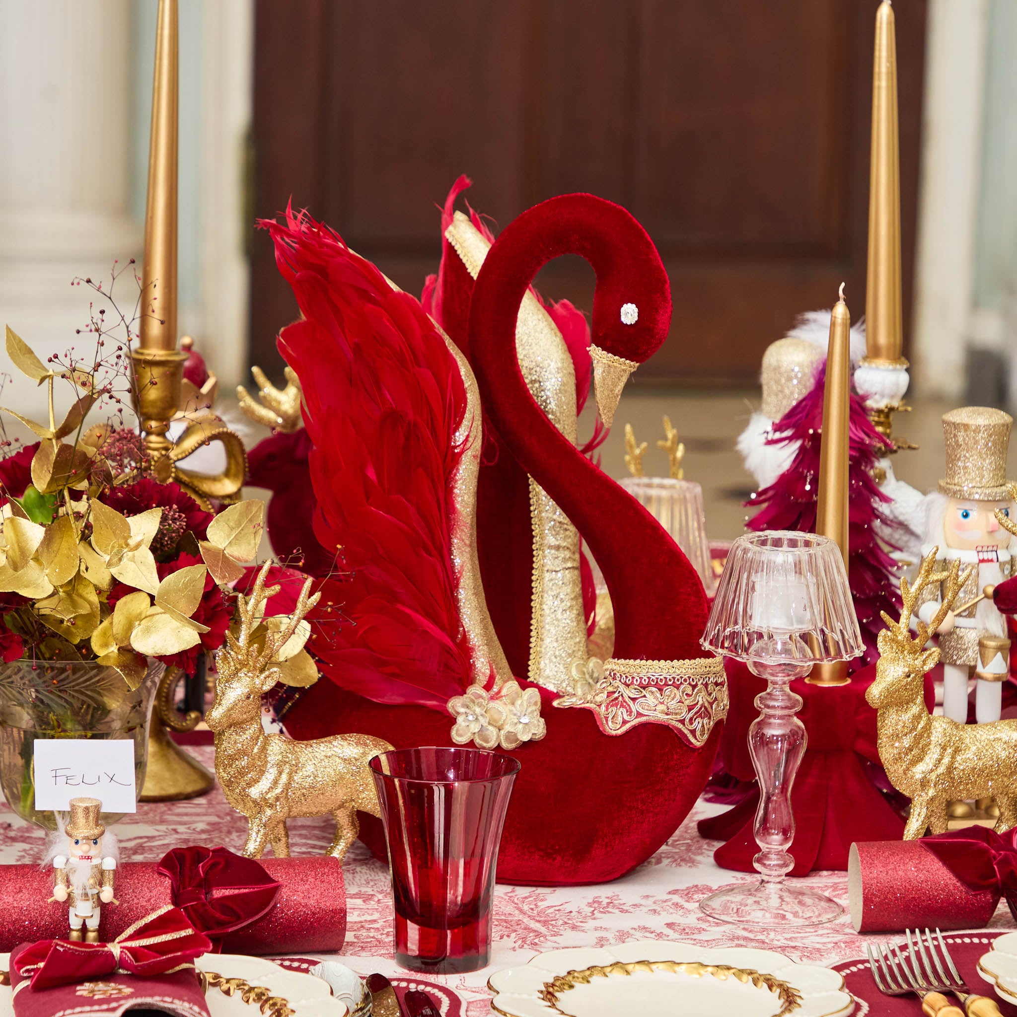 Burgundy Velvet Glitter Swans (Pair)