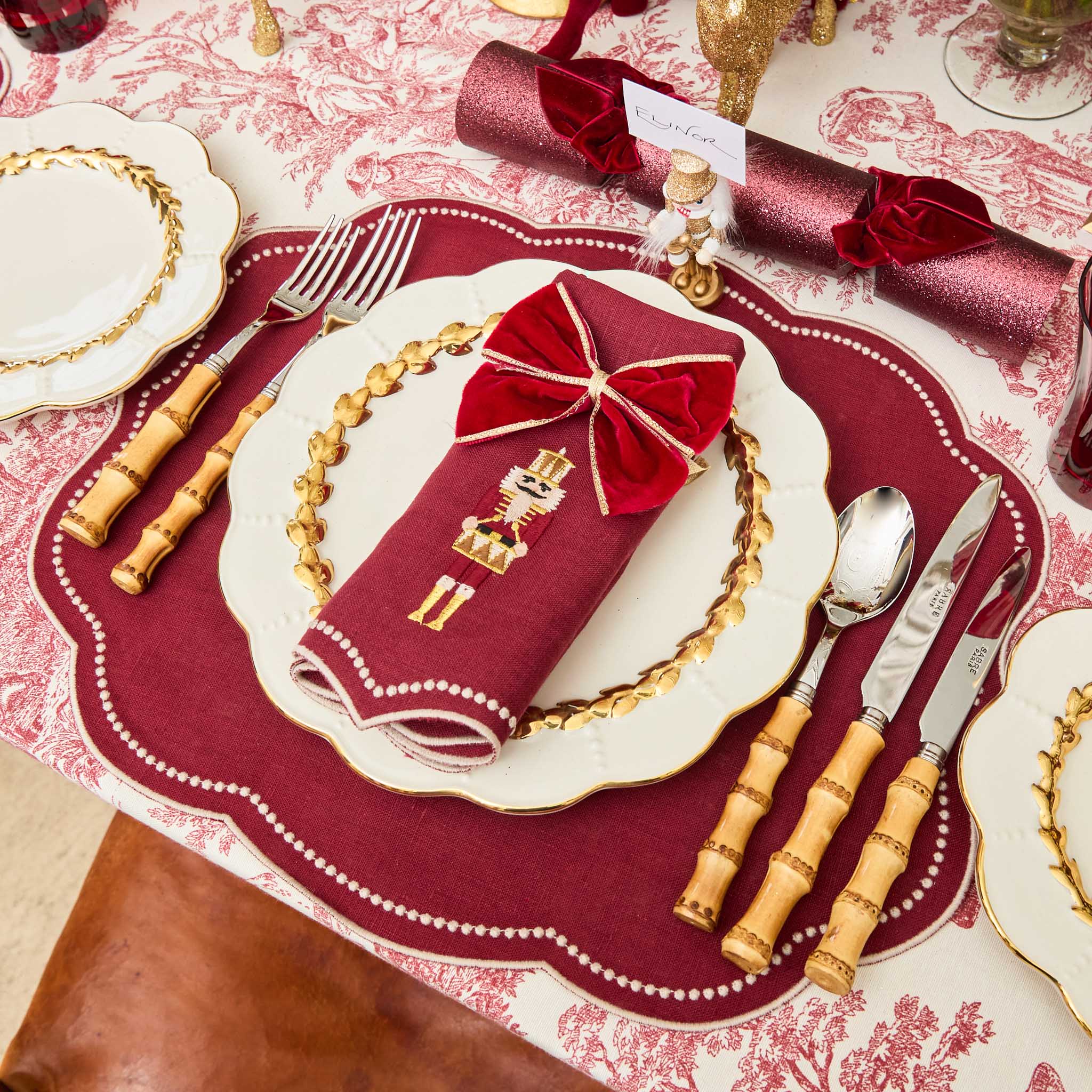 Burgundy Linen Embroidered Nutcracker Napkins (Set of 4)