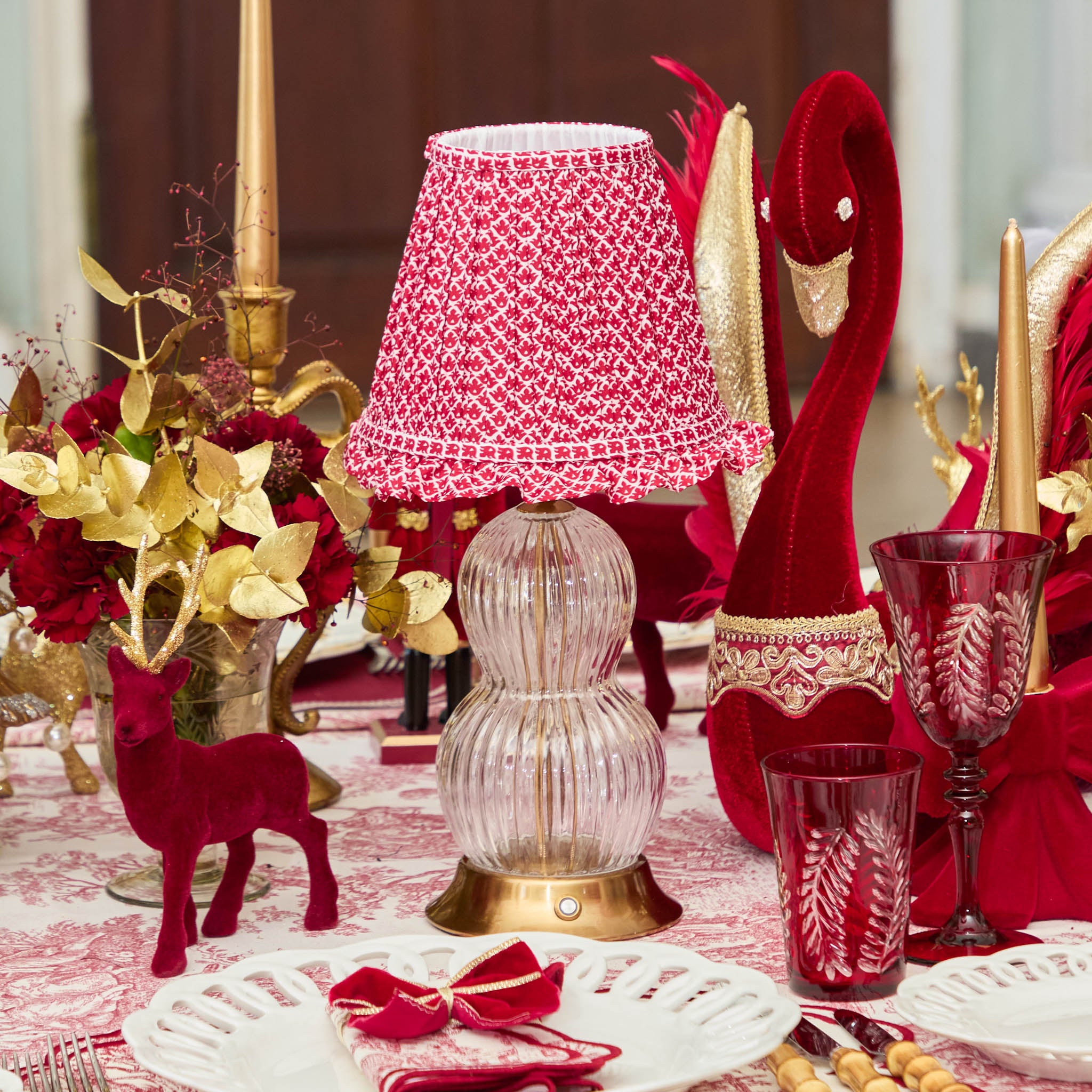 Glass Bardot Rechargeable Lamp with Red Lotus Ruffle Shade (18cm)