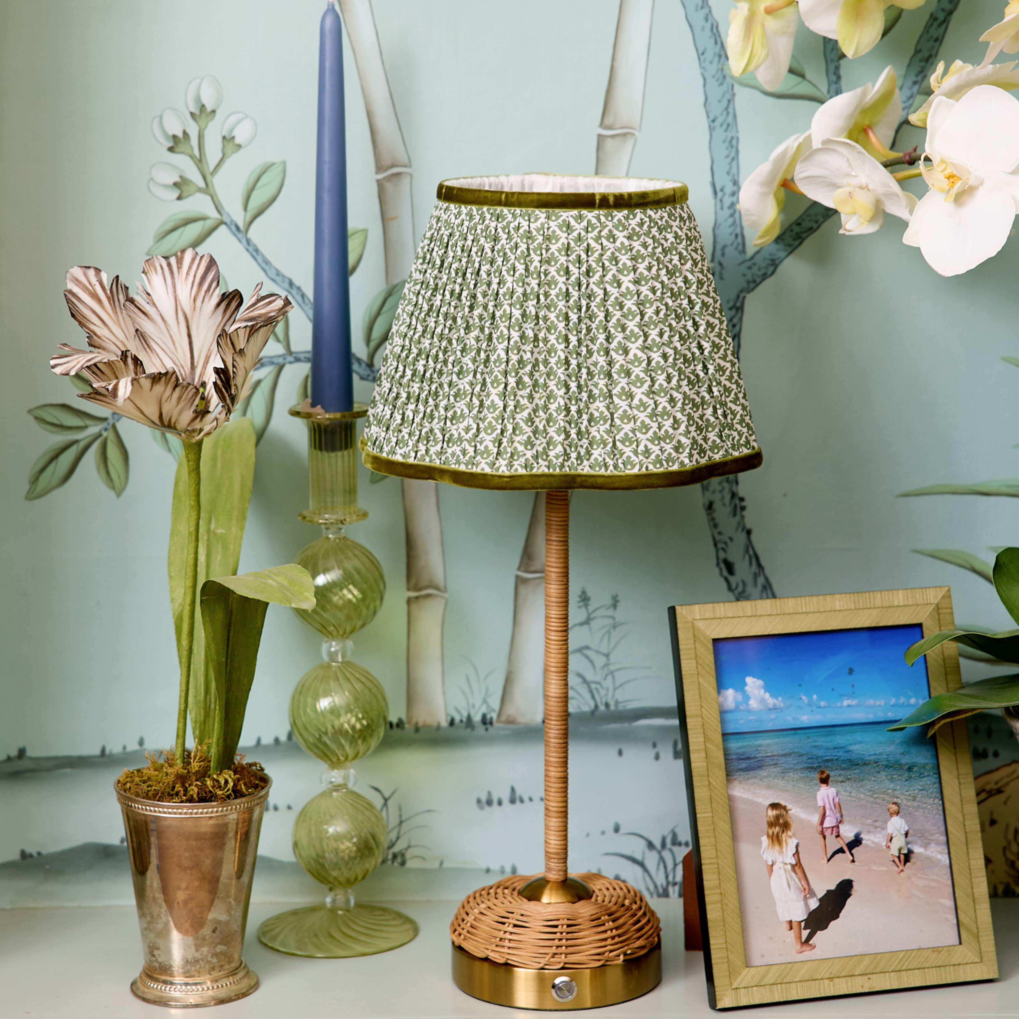 Rattan Ida Rechargeable Lamp with Olive Lotus Shade (22cm)