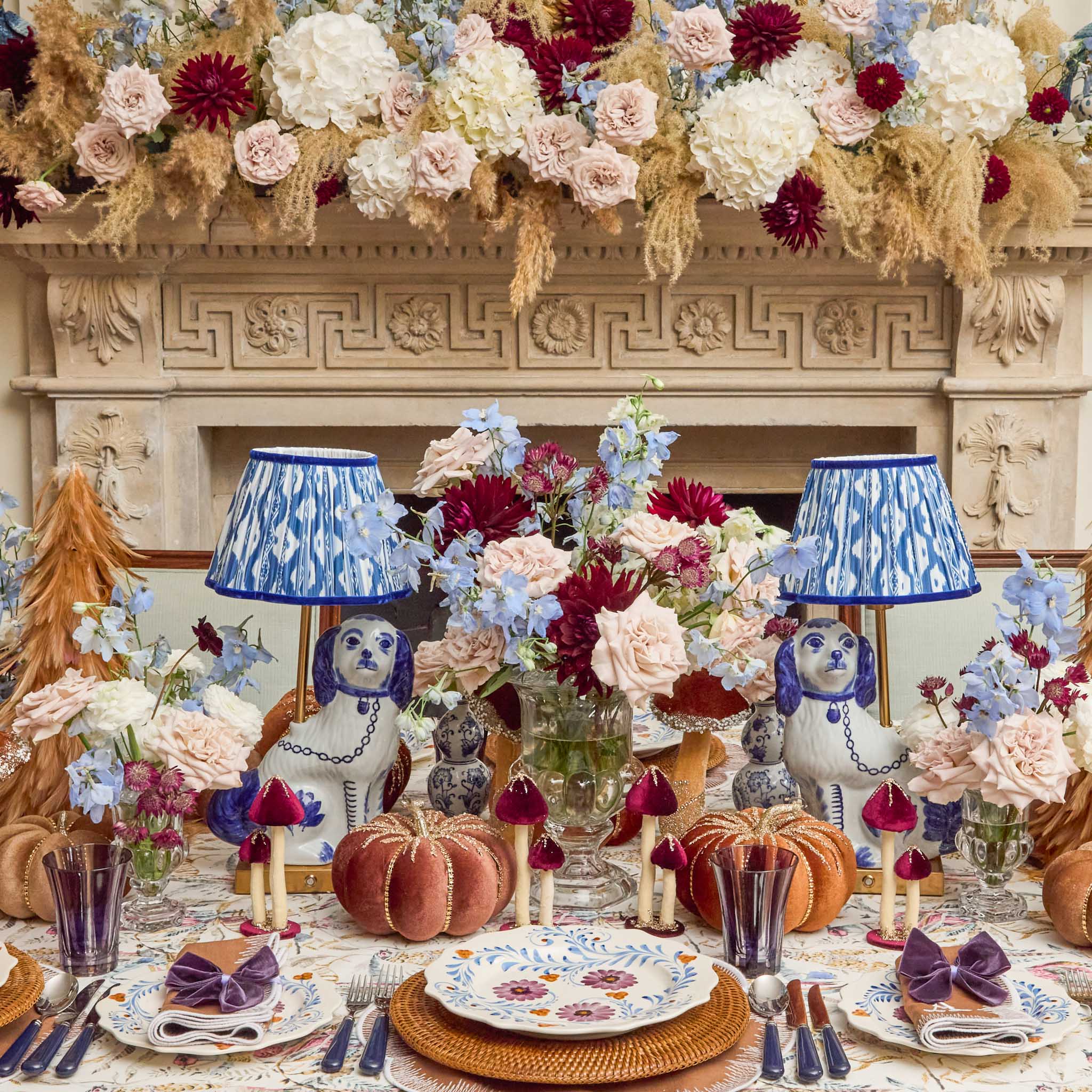 Rechargeable Staffordshire Dog Lamp with Cobalt Ikat Shade (22cm)