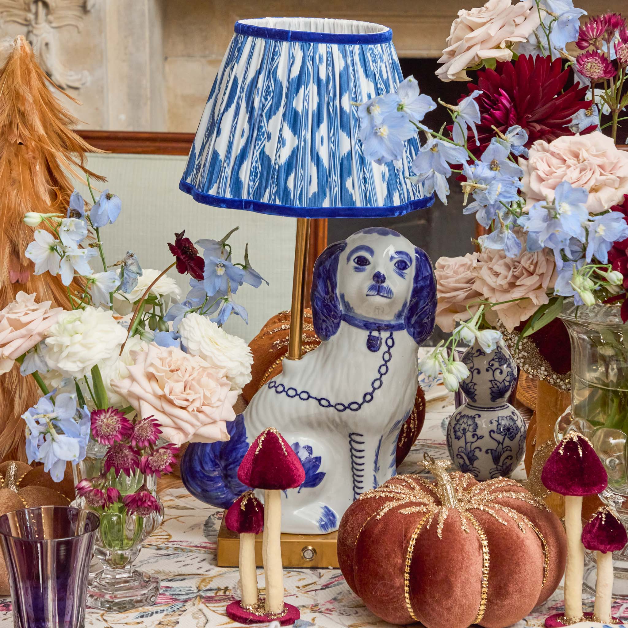 Rechargeable Staffordshire Dog Lamp with Cobalt Ikat Shade (22cm)