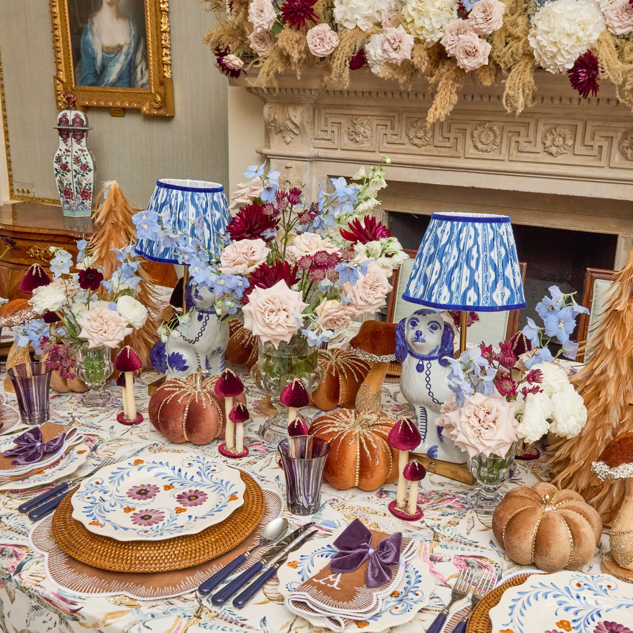 Rechargeable Staffordshire Dog Lamp with Cobalt Ikat Shade (22cm)