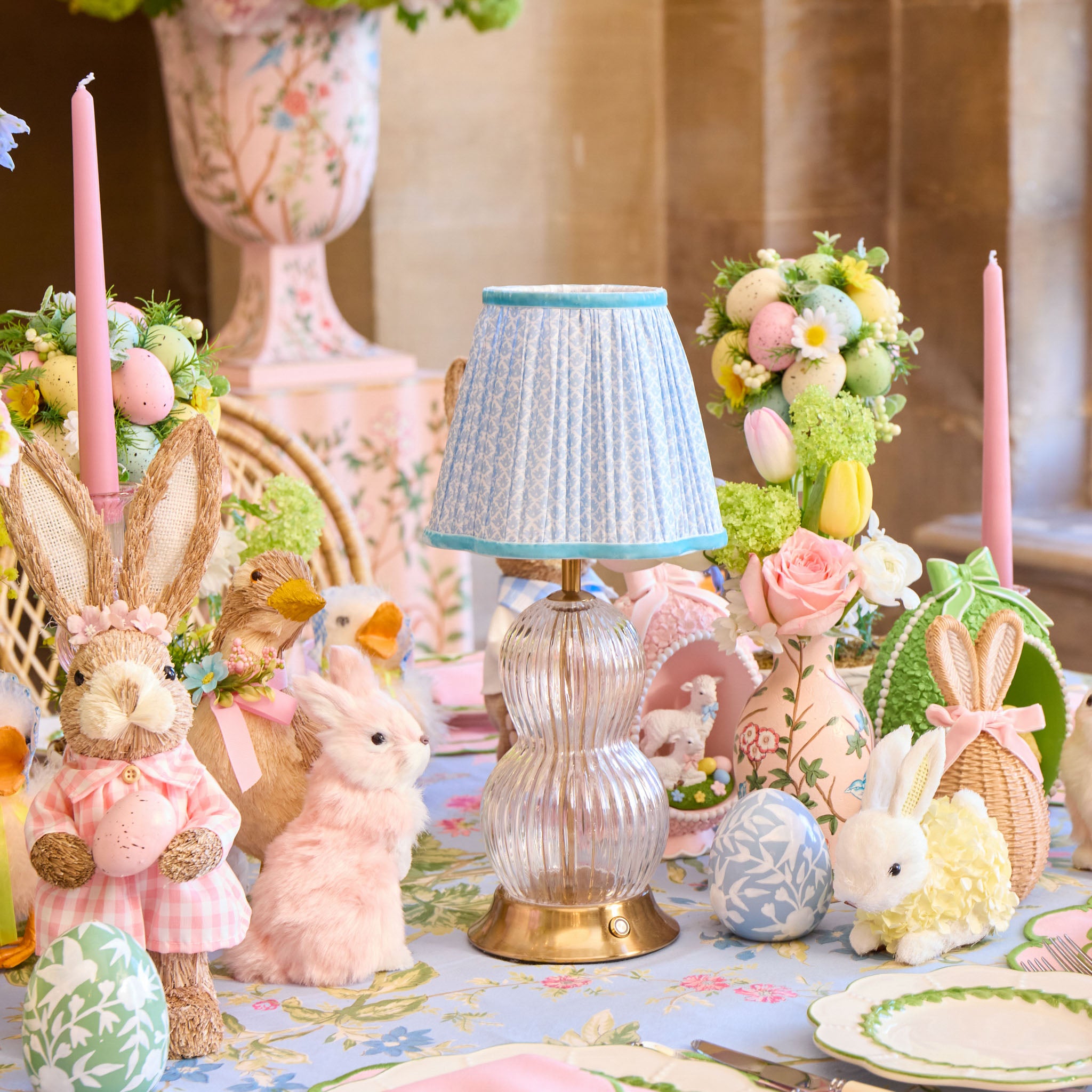 Glass Bardot Rechargeable Lamp with Soft Blue Lotus Shade (18cm)