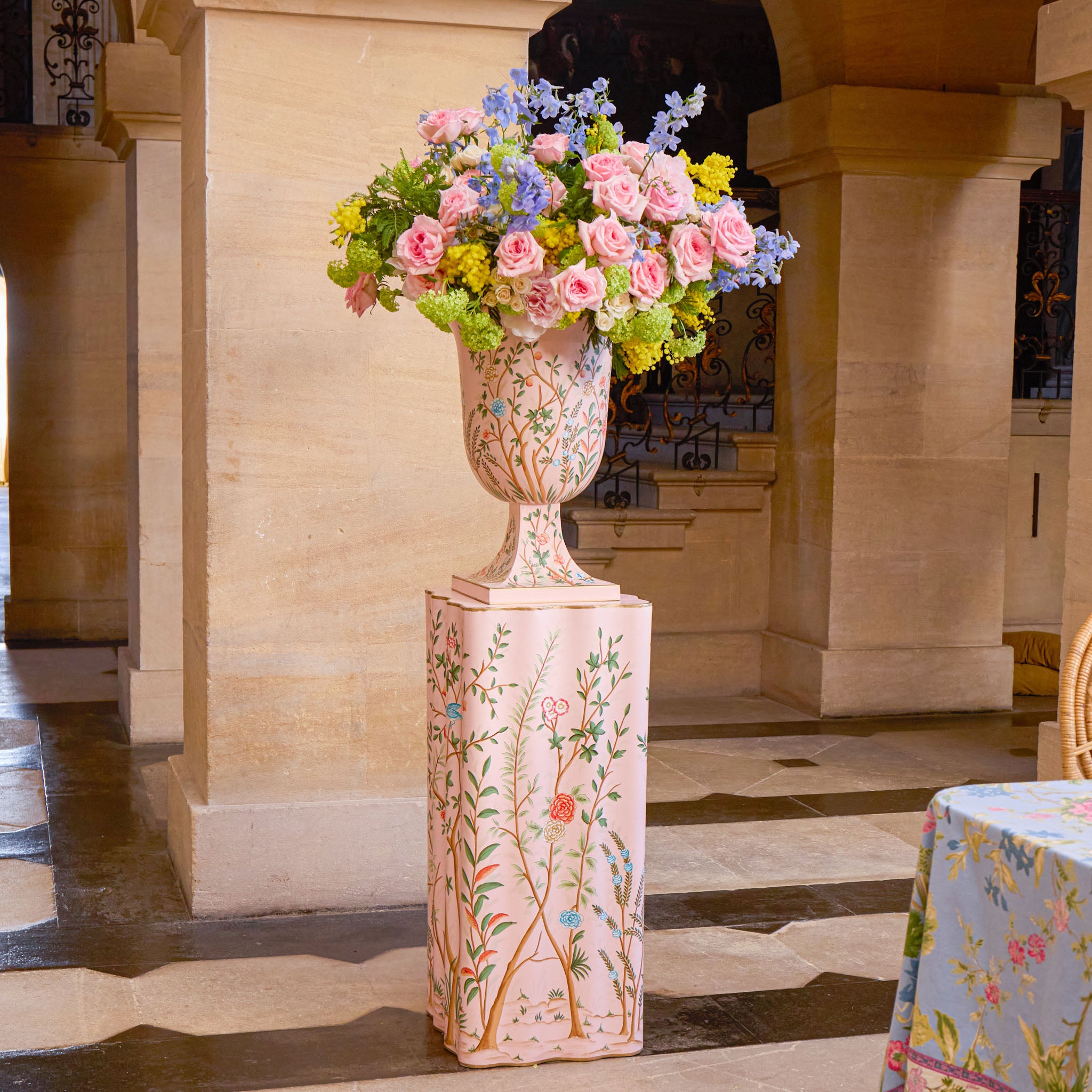 Pink Chinoiserie Tole Urn & Pedestal