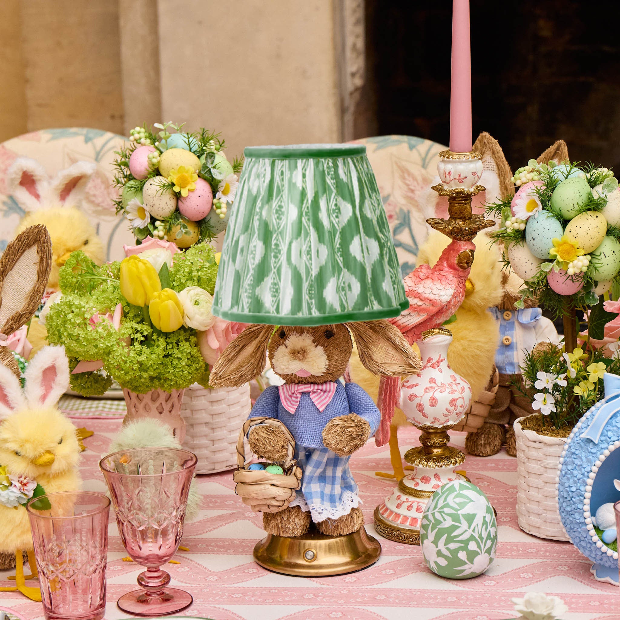 Easter Bunny Rechargeable Lamp with Green Ikat Shade (18cm)