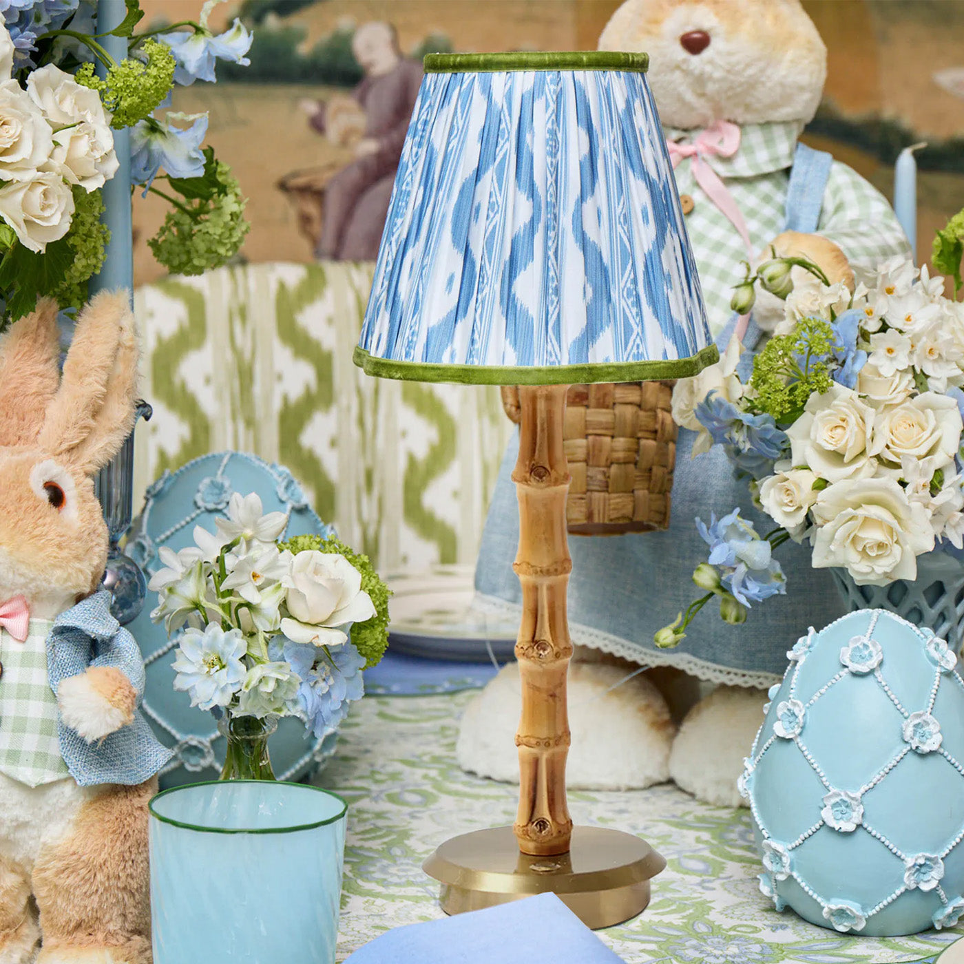 Rechargeable Bamboo Lamp with Blue & Green Ikat Shade (18cm)