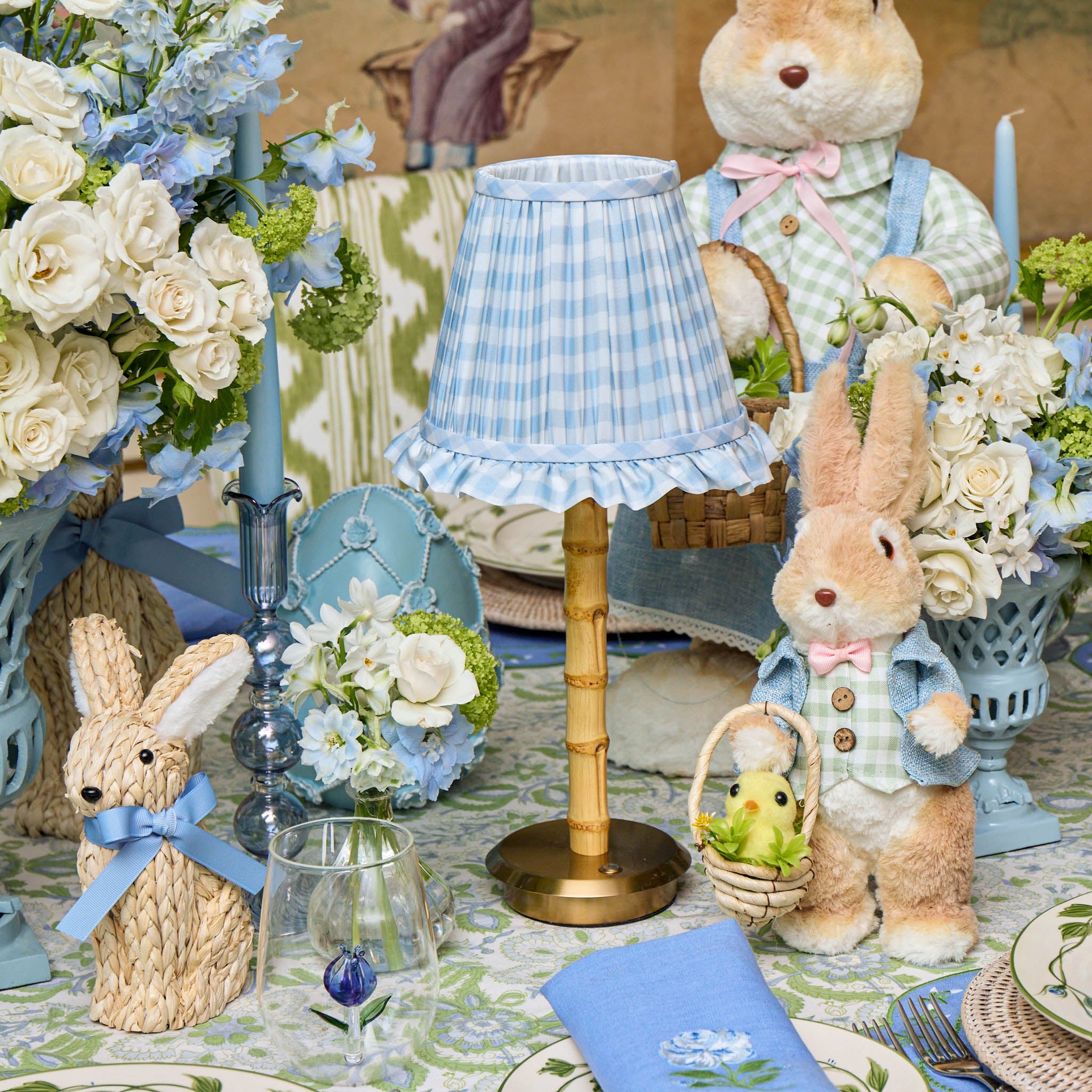 Bamboo Rechargeable Lamp with Blue Gingham Shade (18cm)