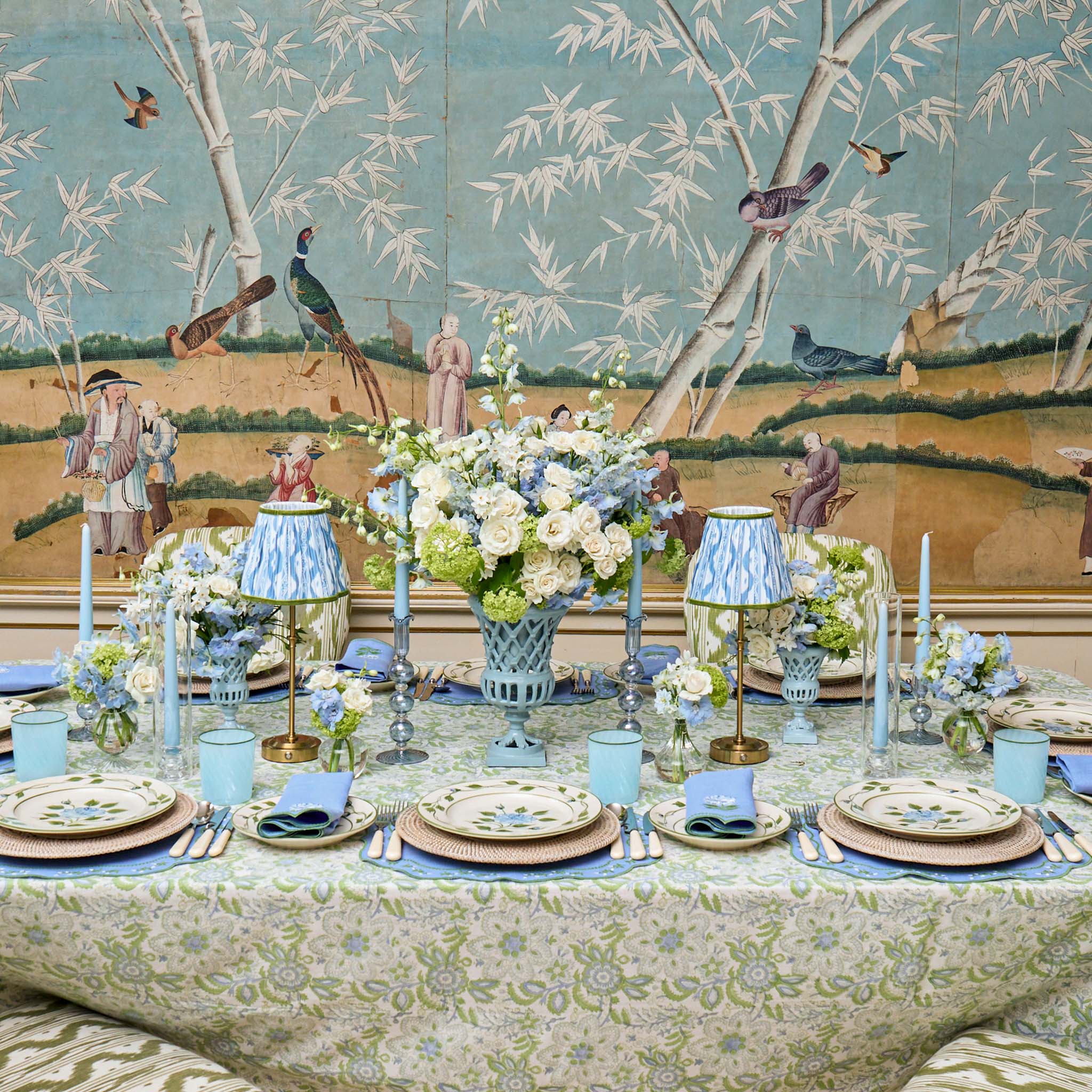 Edie Rechargeable Lamp with Blue & Green Ikat Shade (18cm)