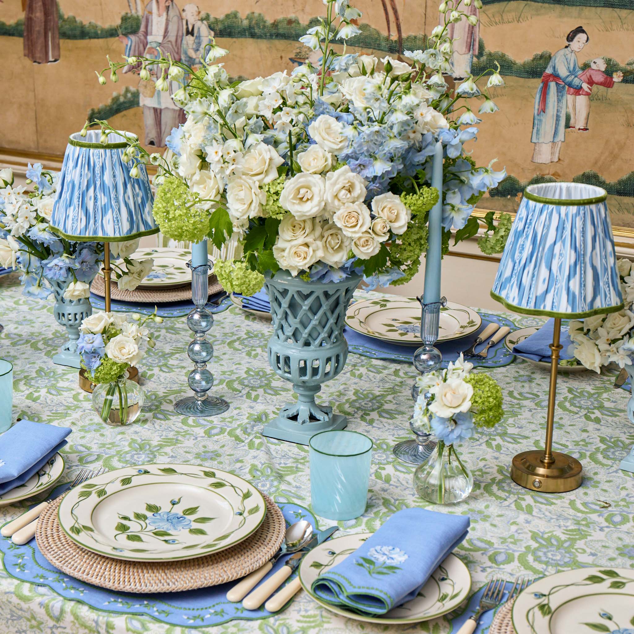 Edie Rechargeable Lamp with Blue & Green Ikat Shade (18cm)