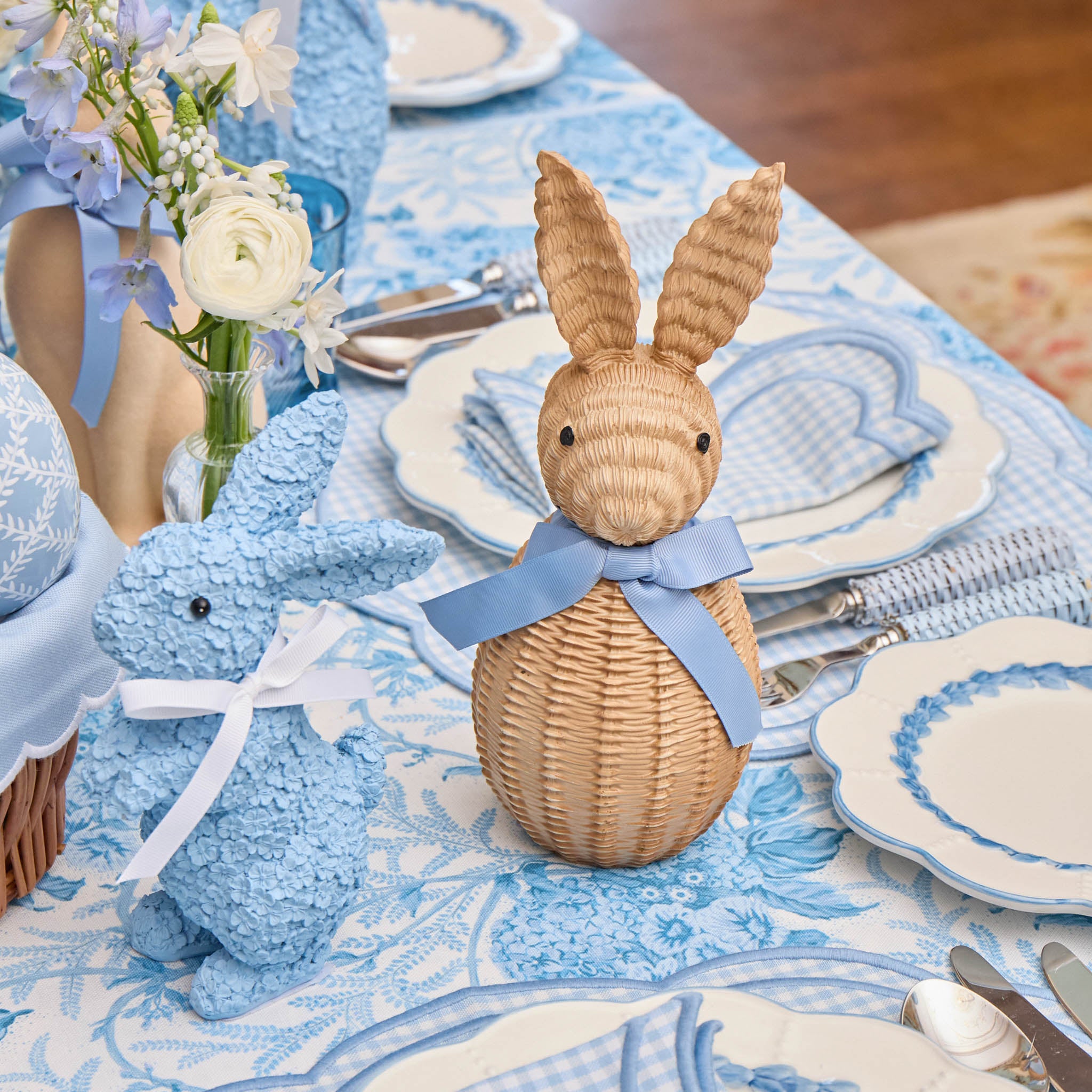 Rattan Bunny with Blue Bow (Pair)