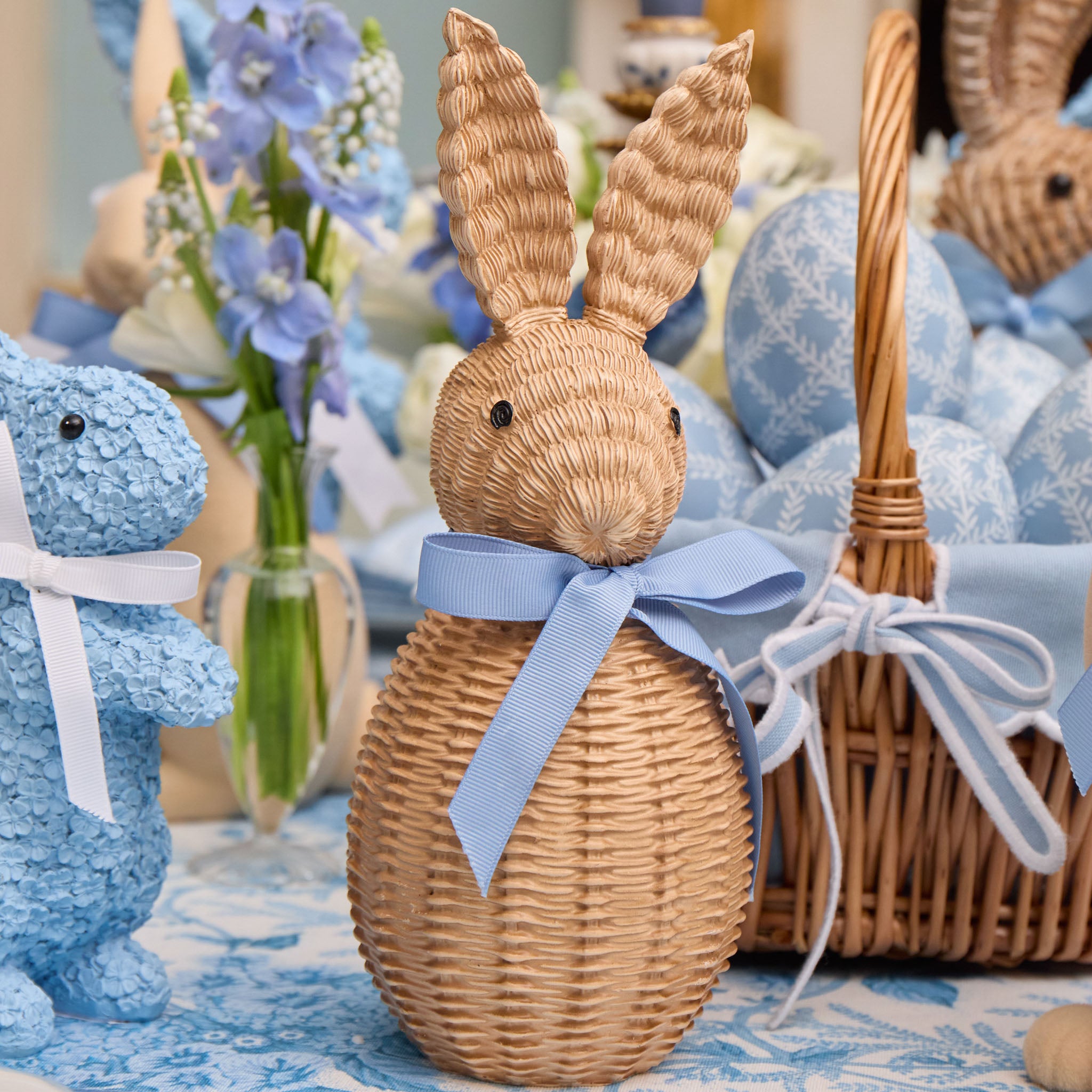 Rattan Bunny with Blue Bow (Pair)