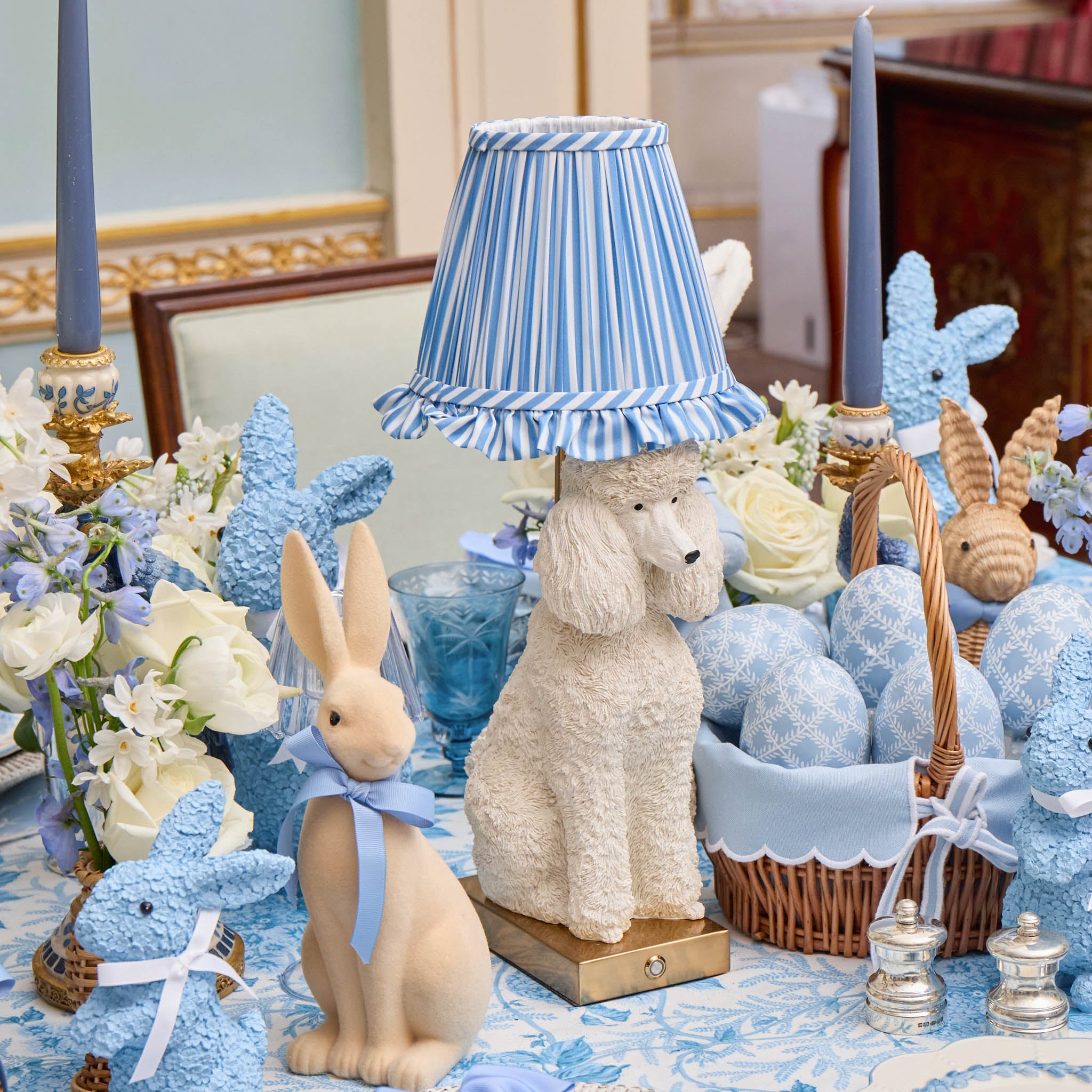 Fifi Poodle Rechargeable Lamp with Blue Striped Shade (18cm)