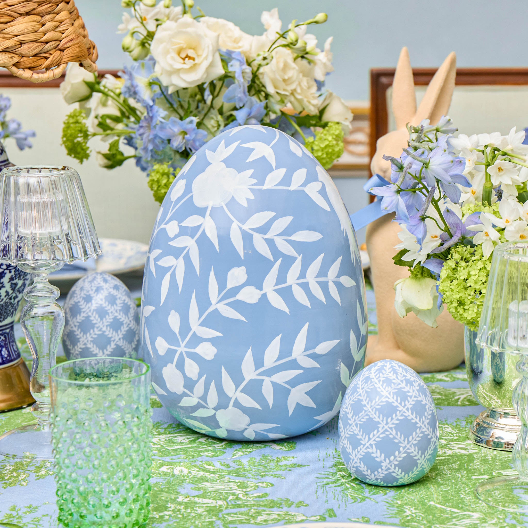 Large Blue Floral Tole Egg