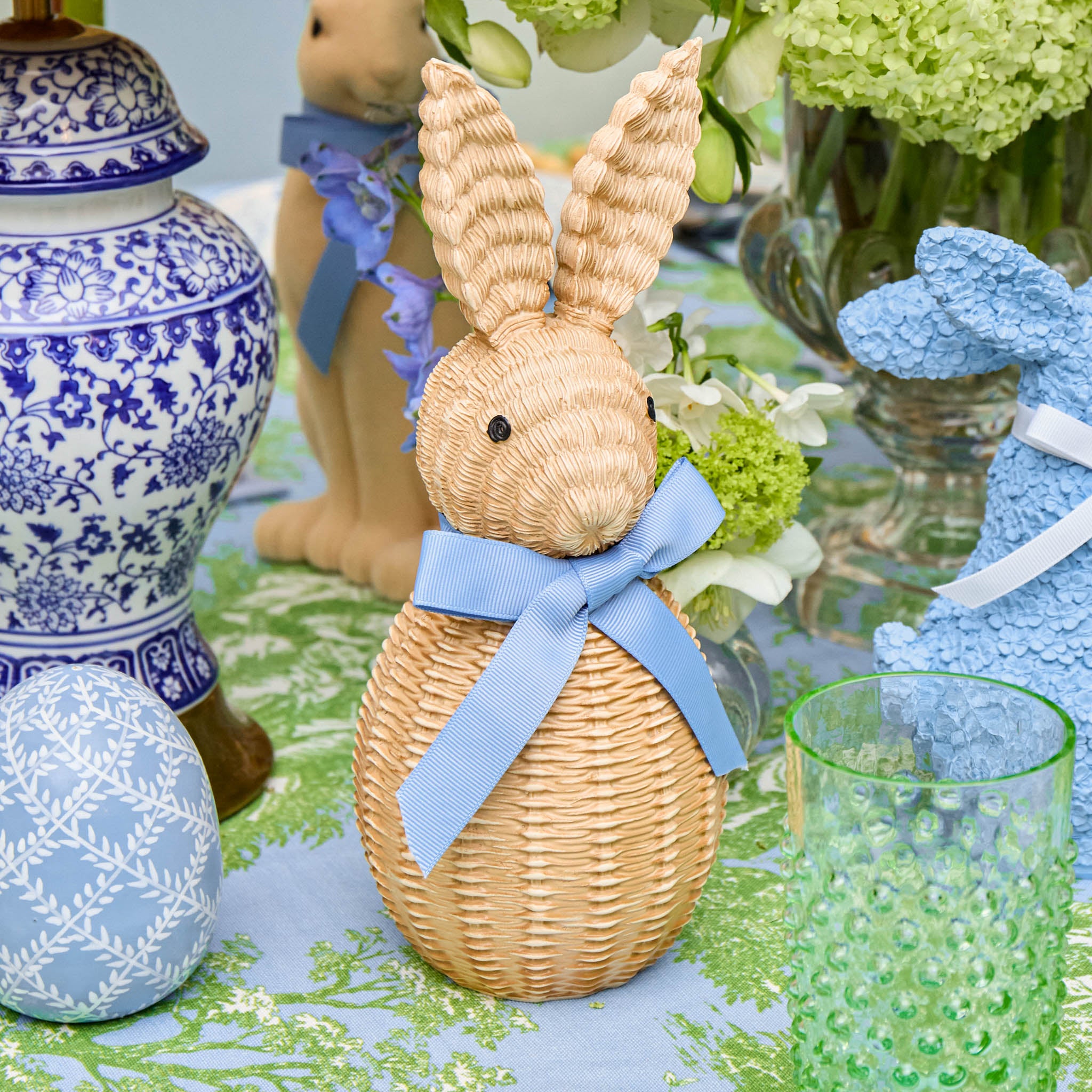 Rattan Bunny with Blue Bow (Pair)