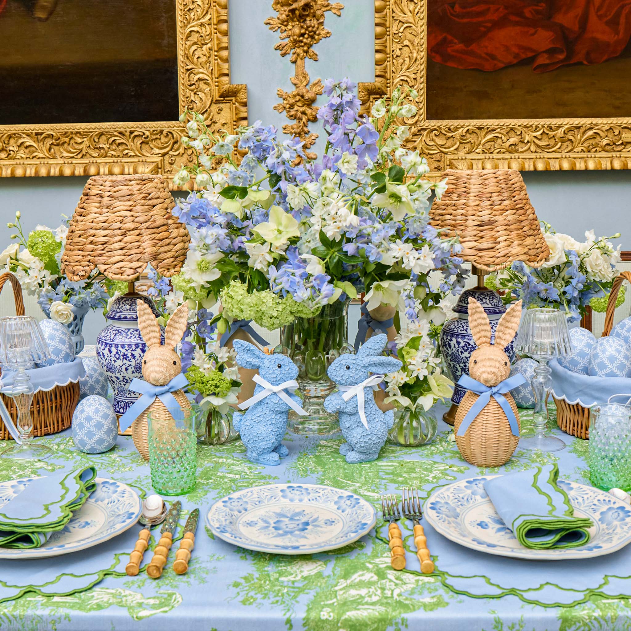 Rattan Bunny with Blue Bow (Pair)