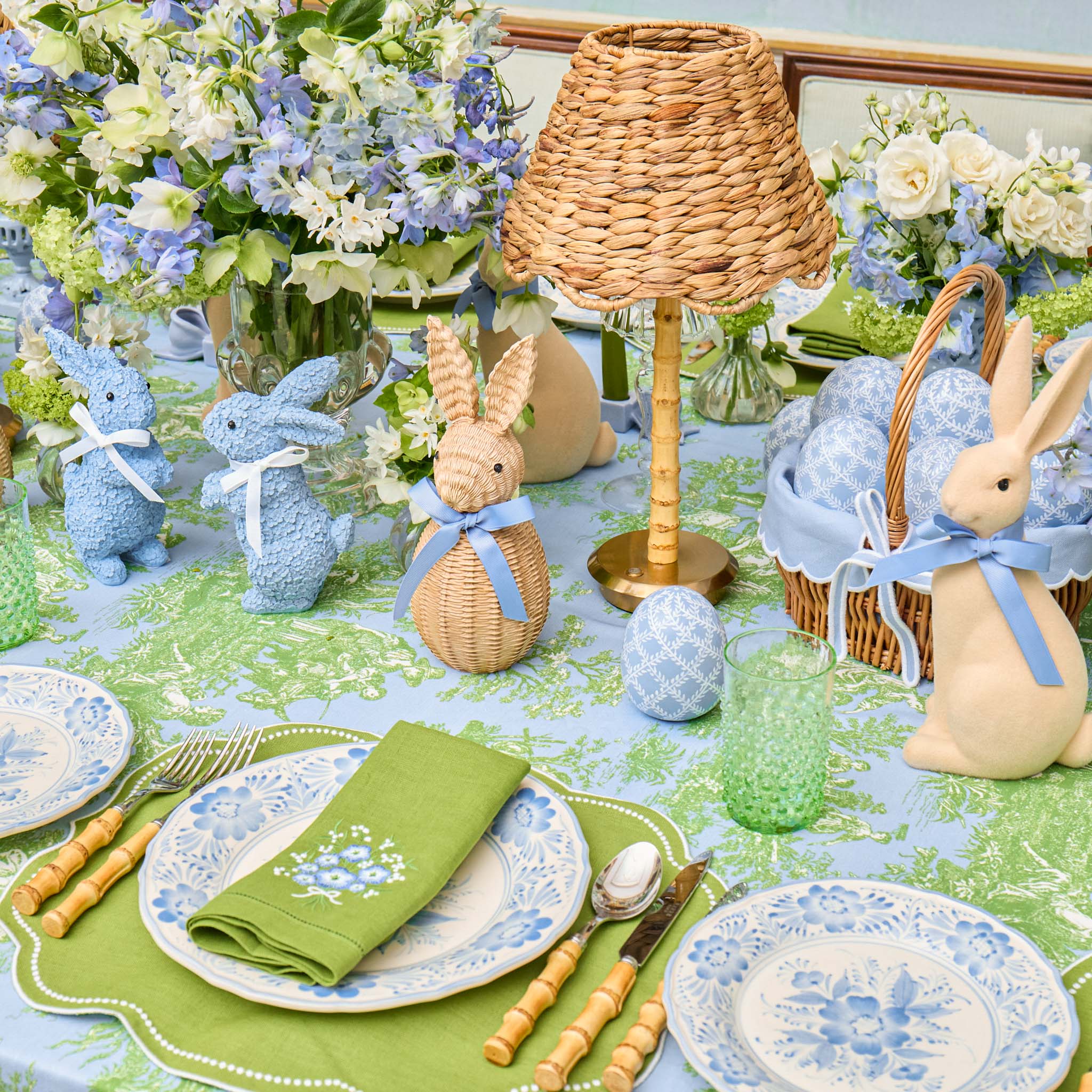 Rattan Bunny with Blue Bow (Pair)