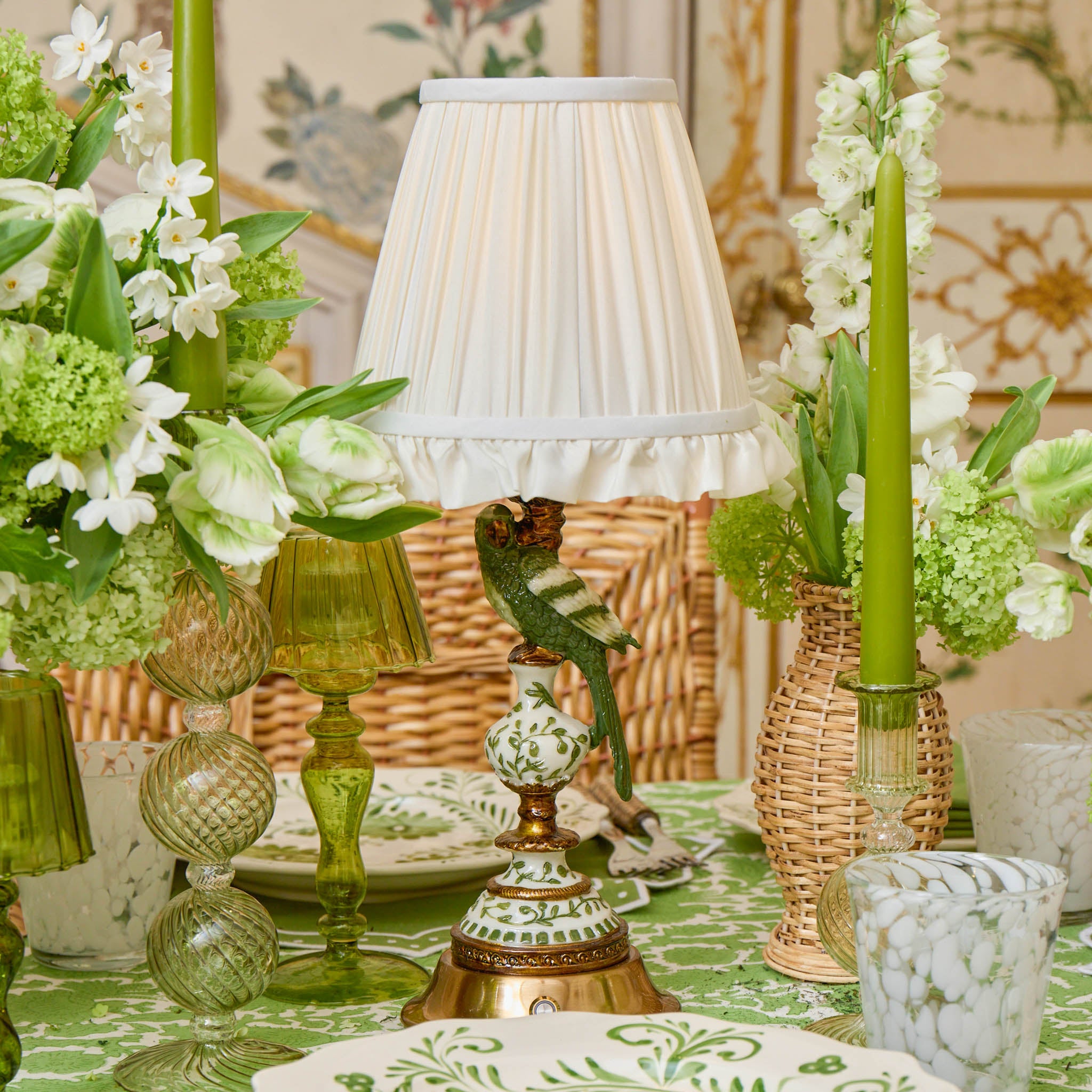 Olive Parrot Rechargeable Lamp with Cream Ruffle Shade (18cm)