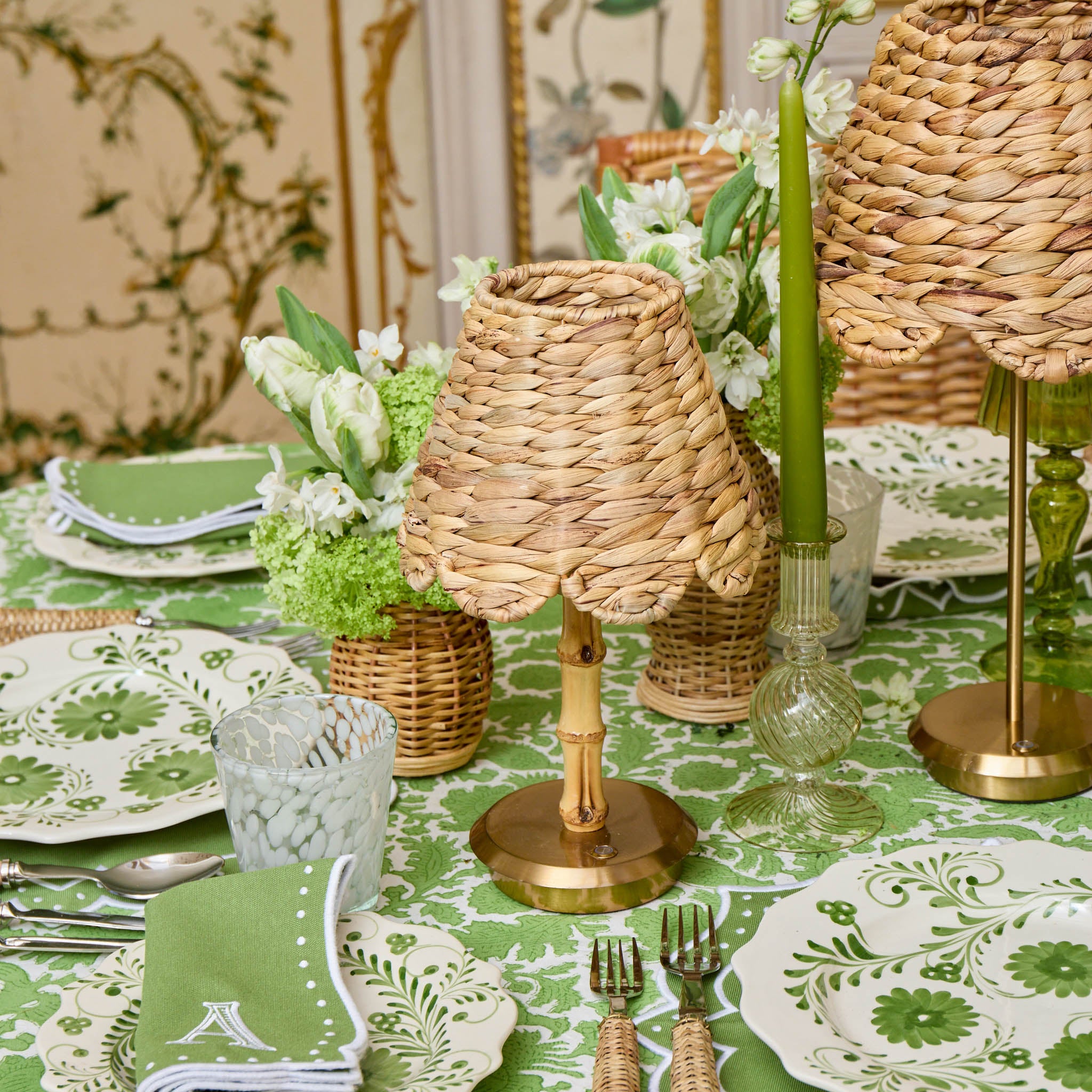 Short Bamboo Rechargeable Lamp with Seagrass Shade (18cm)