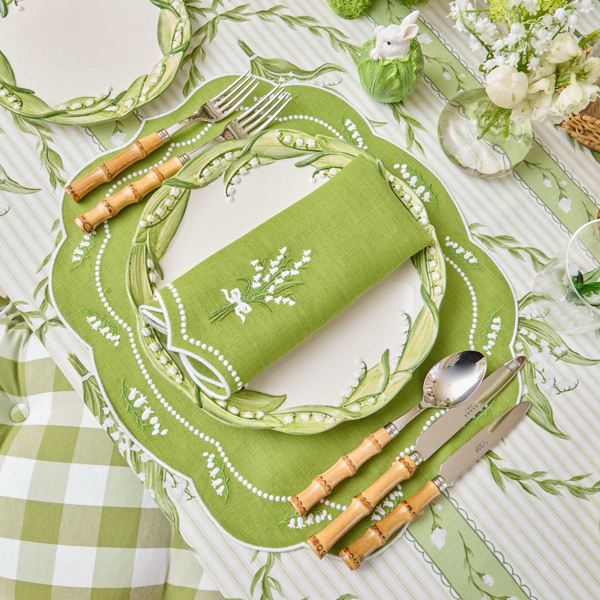 Lily of the Valley Eloise Green Linen Placemats & Napkins (Set of 4)