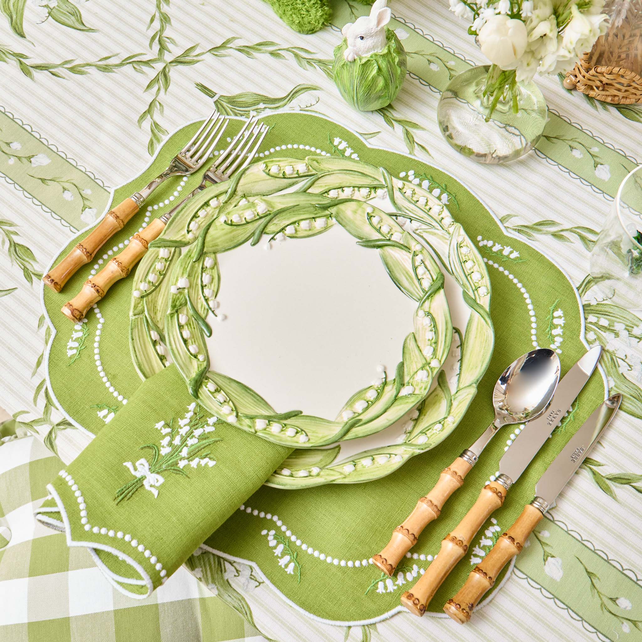 Lily of the Valley Eloise Green Linen Placemats & Napkins (Set of 4)