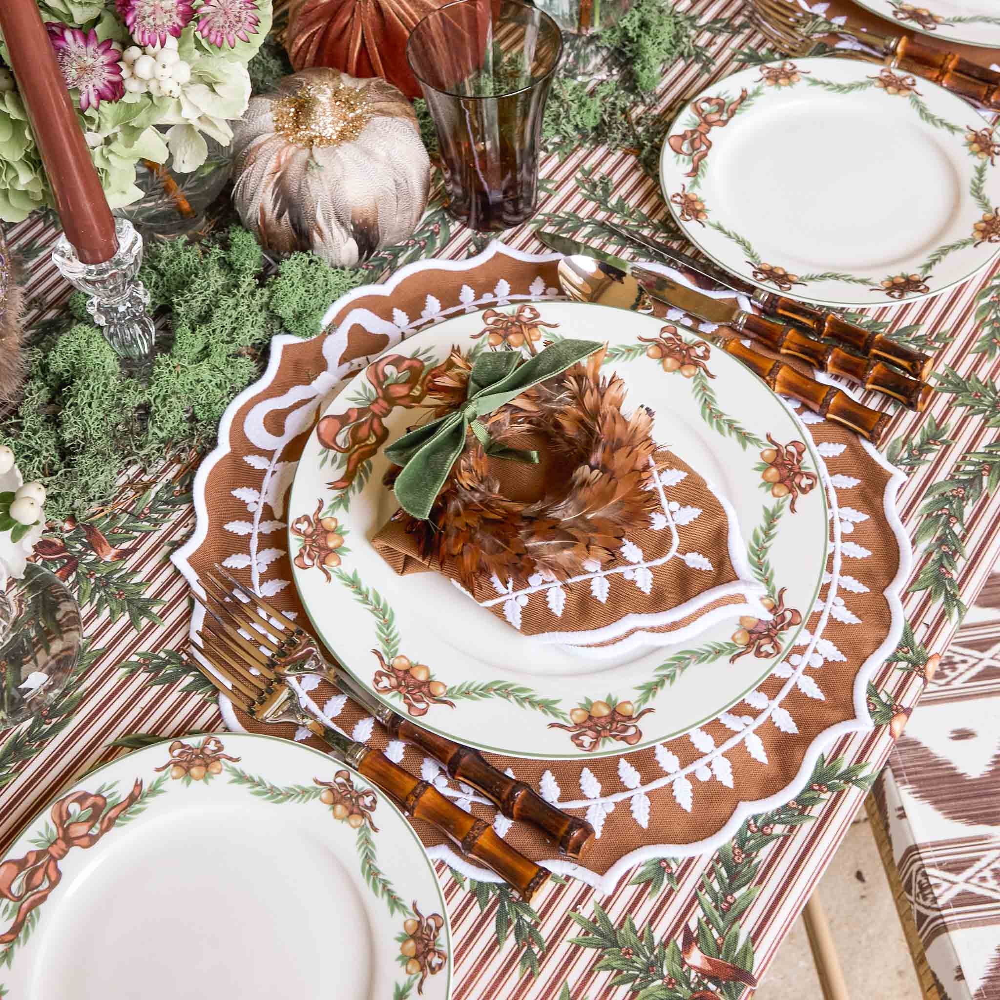 Feather Wreaths with Forest Green Velvet Bows (Set of 4)