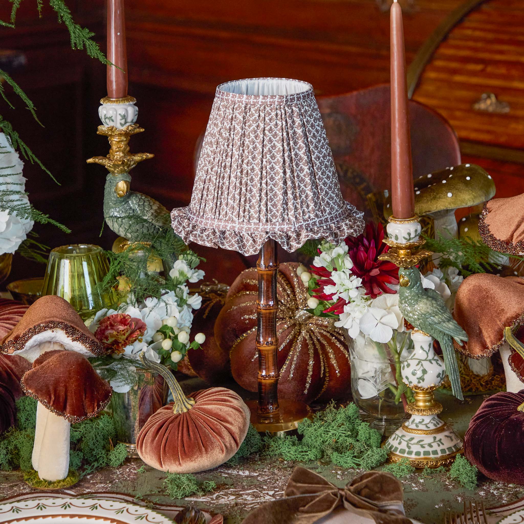 Burnt Bamboo Rechargeable Lamp with Chocolate Lotus Ruffle Shade (18cm)