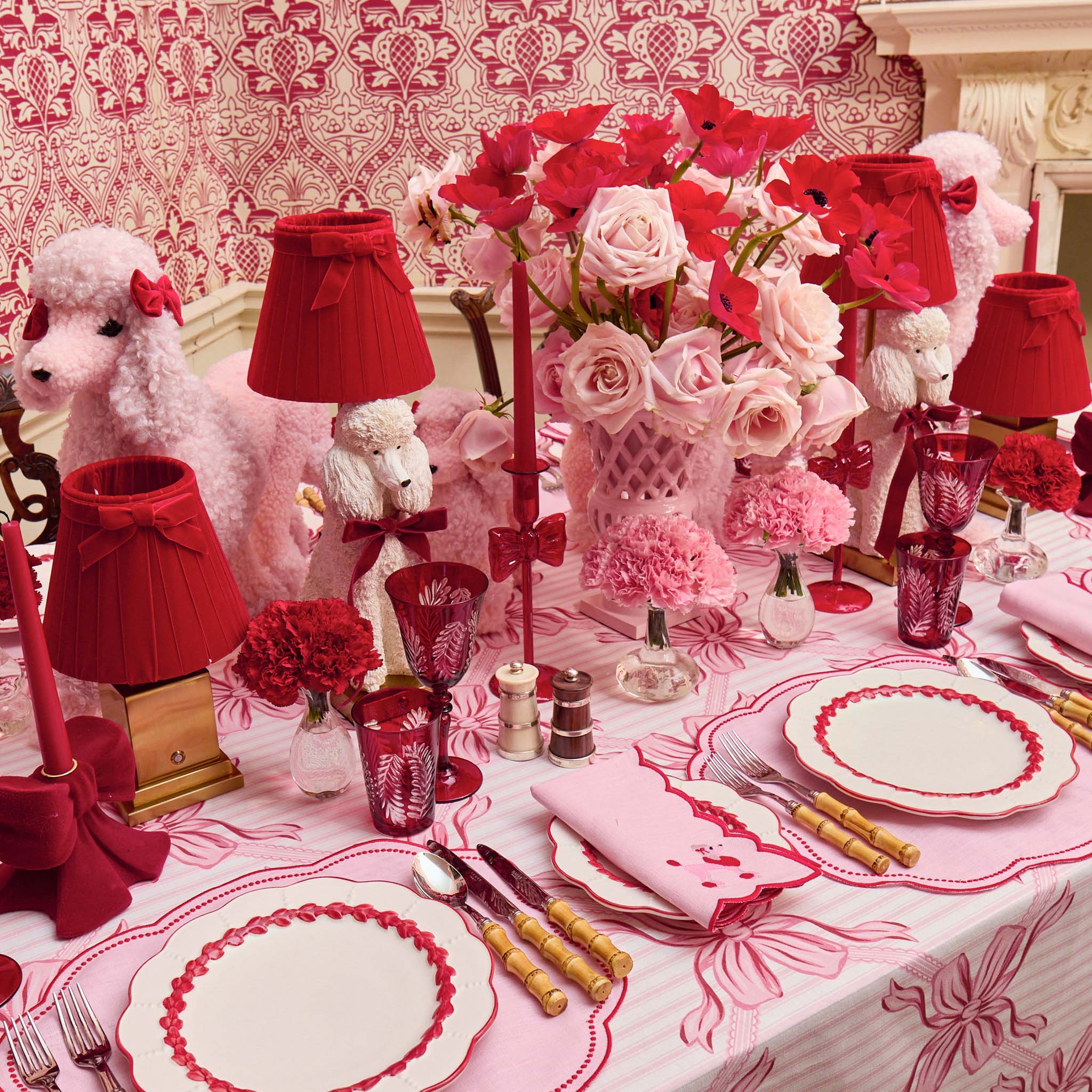 Red Ribboned Fifi Poodle Rechargeable Lamp with Red Velvet Bow Shade (18cm)