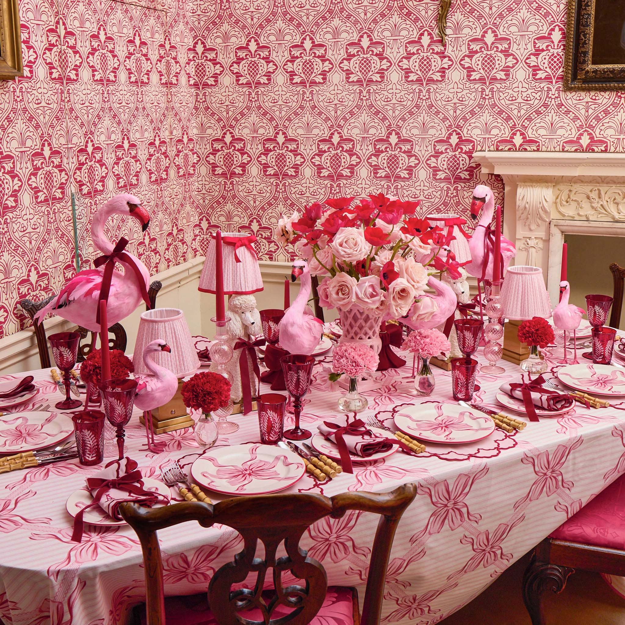 Audrey Pink & Red Bow Dinner & Starter Plates (Set of 8)