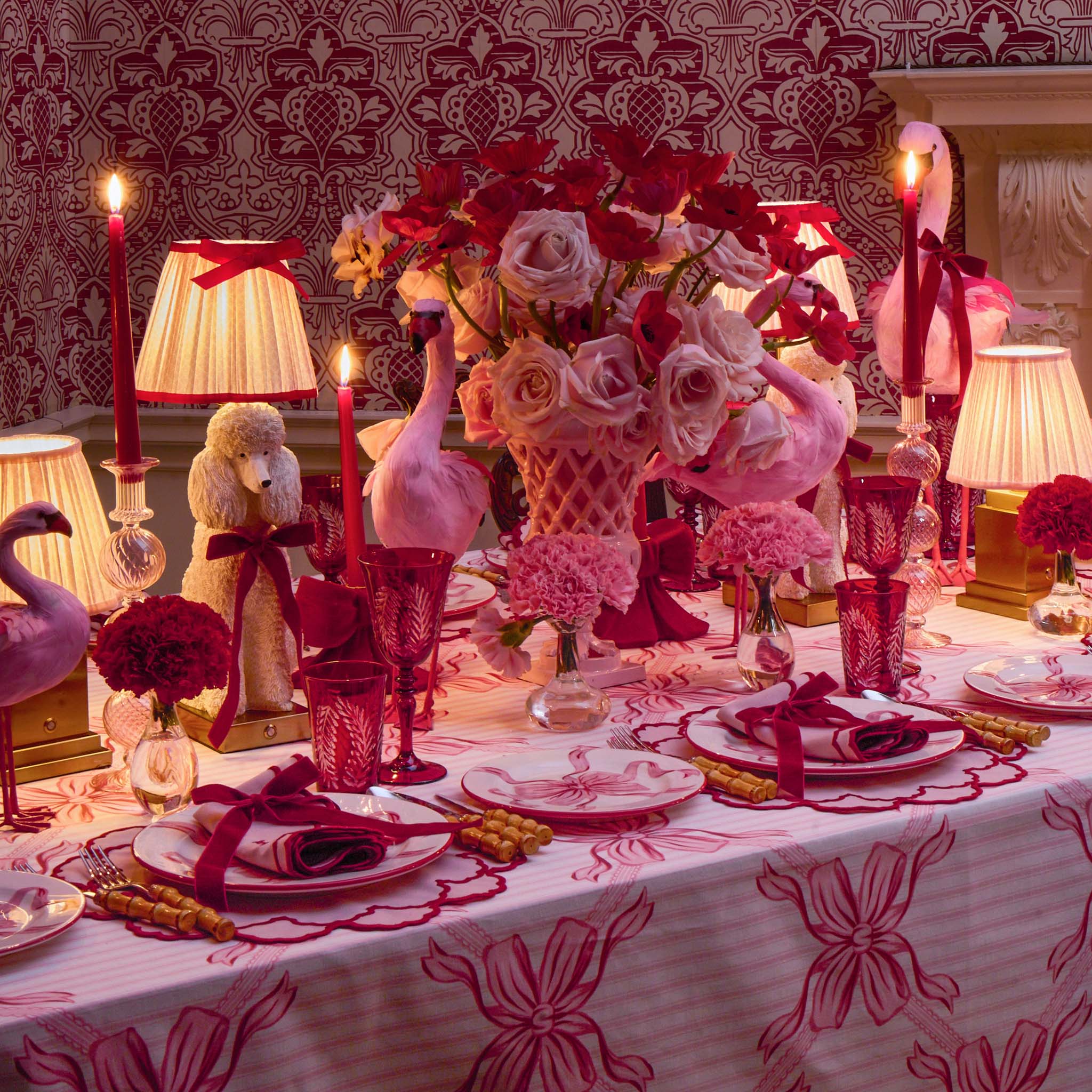 Red Ribboned Fifi Poodle Rechargeable Lamp with Pink & Red Lotus Bow Shade (18cm)