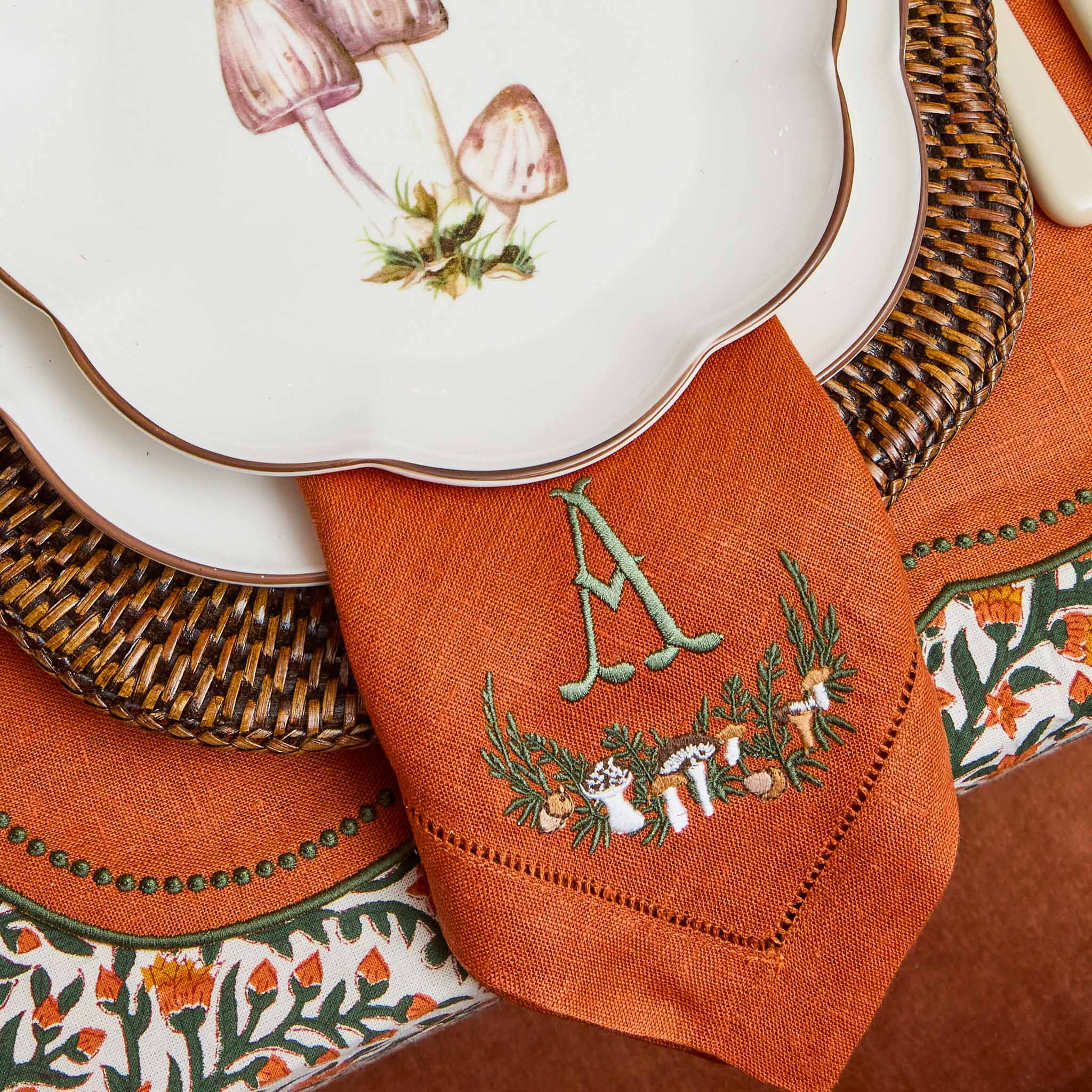 Mushroom Garland Orange Linen Napkins (Set of 4)