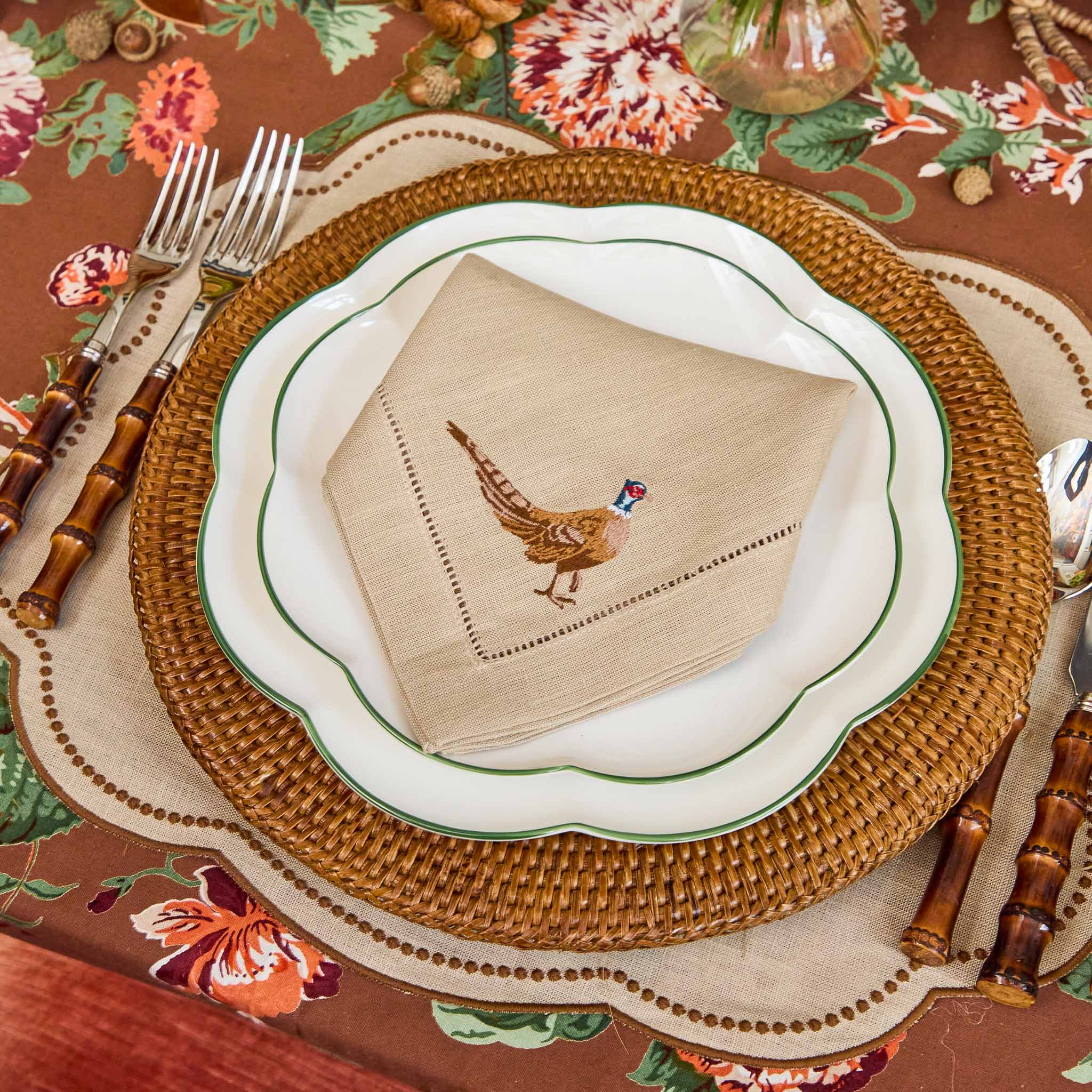 Pheasant Embroidered Taupe Linen Napkins (Set of 4)