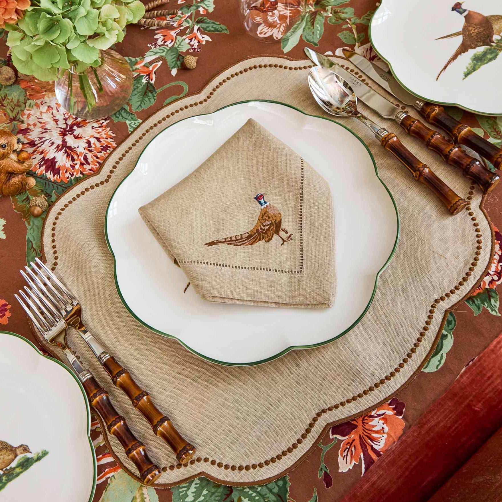 Eloise Taupe & Chocolate Linen Placemats & Pheasant Napkins (Set of 4)