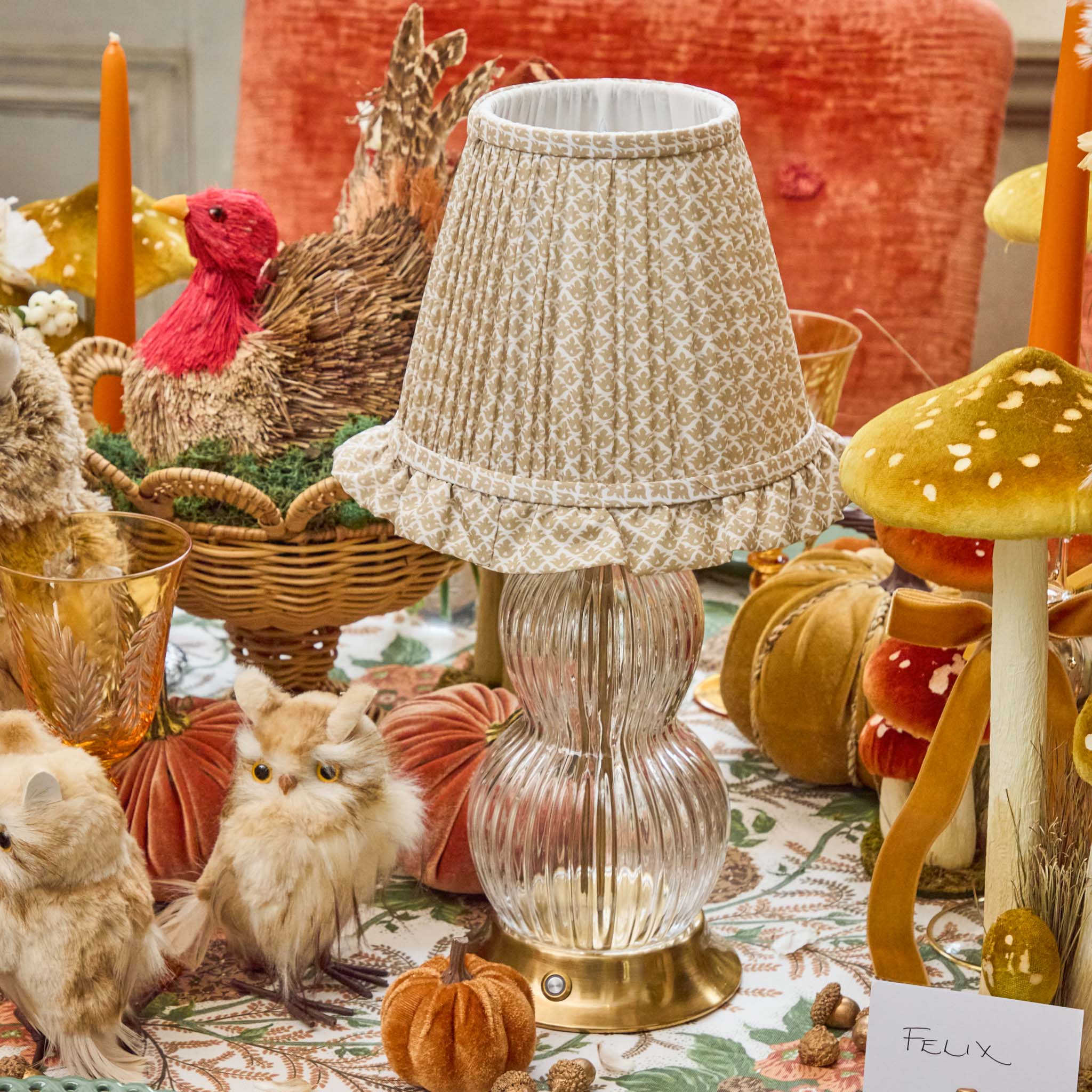 Glass Bardot Rechargeable Lamp with Putty Lotus Ruffle Shade (18cm)