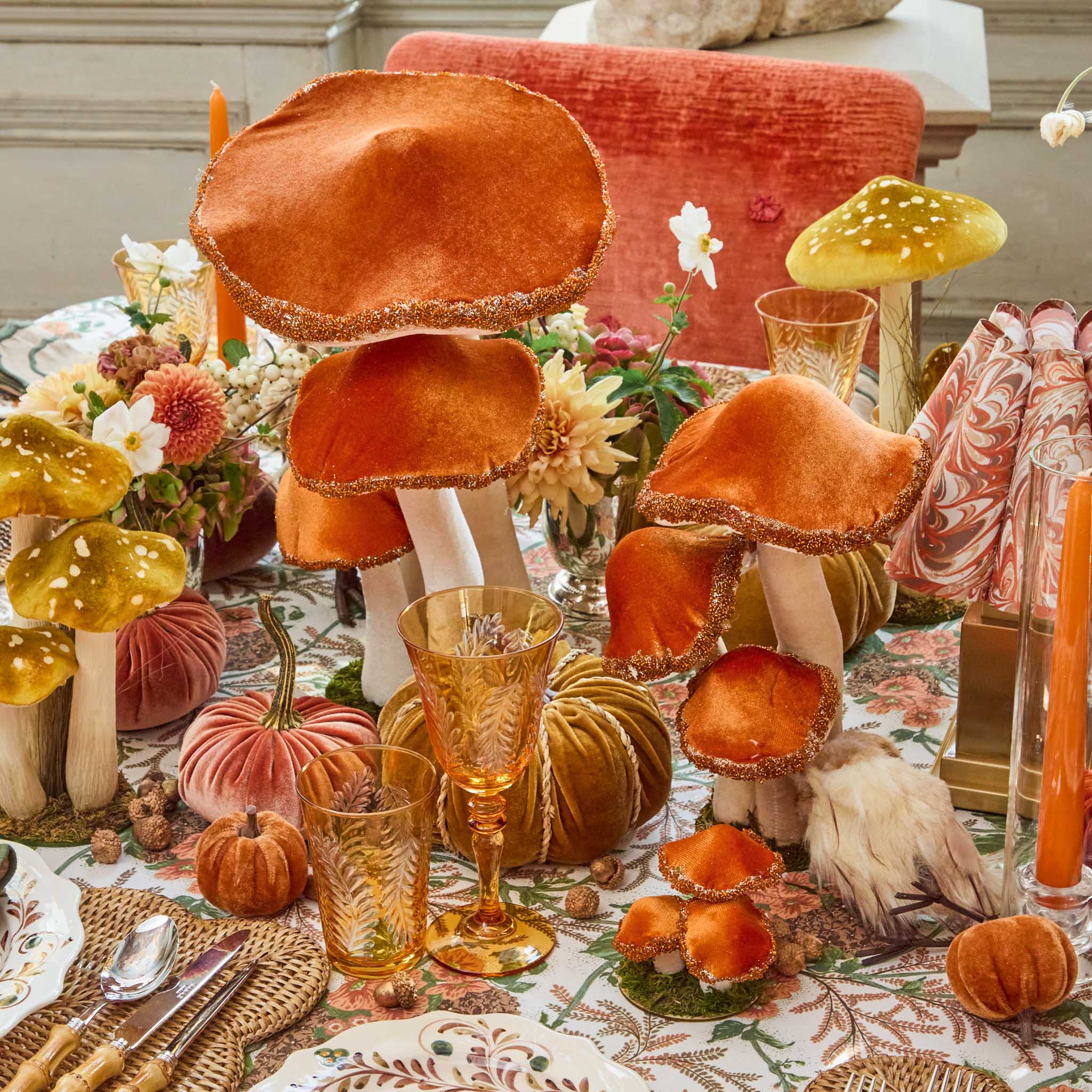 Tall Orange Beaded Velvet Mushrooms (Set of 4)